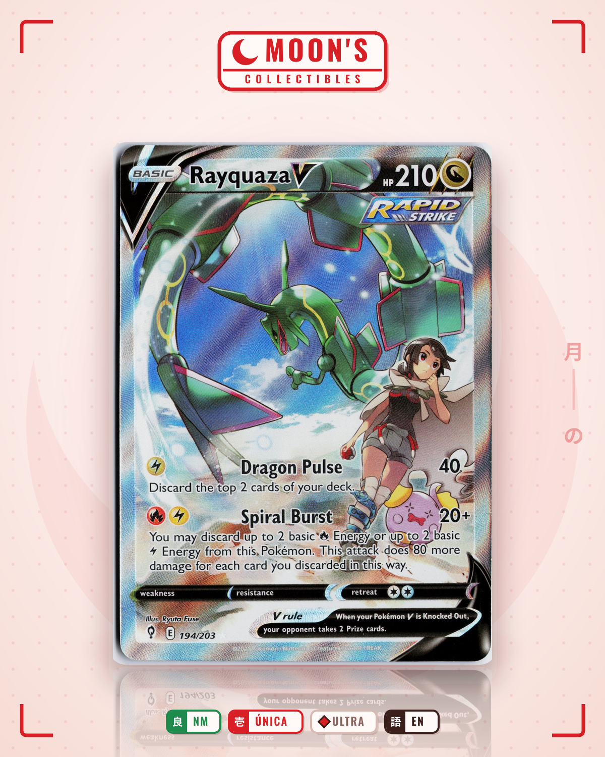 Carta Pokémon Rayquaza V · Evolving Skies #194/203 (NM) — pieza única en Moon's Collectibles México