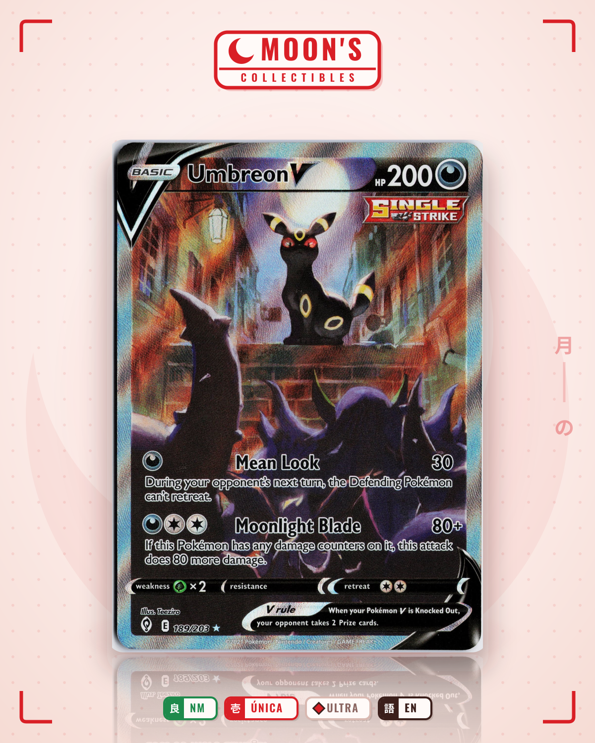 Carta Pokémon Umbreon V · Evolving Skies #189/203 (NM) — pieza única en Moon's Collectibles México