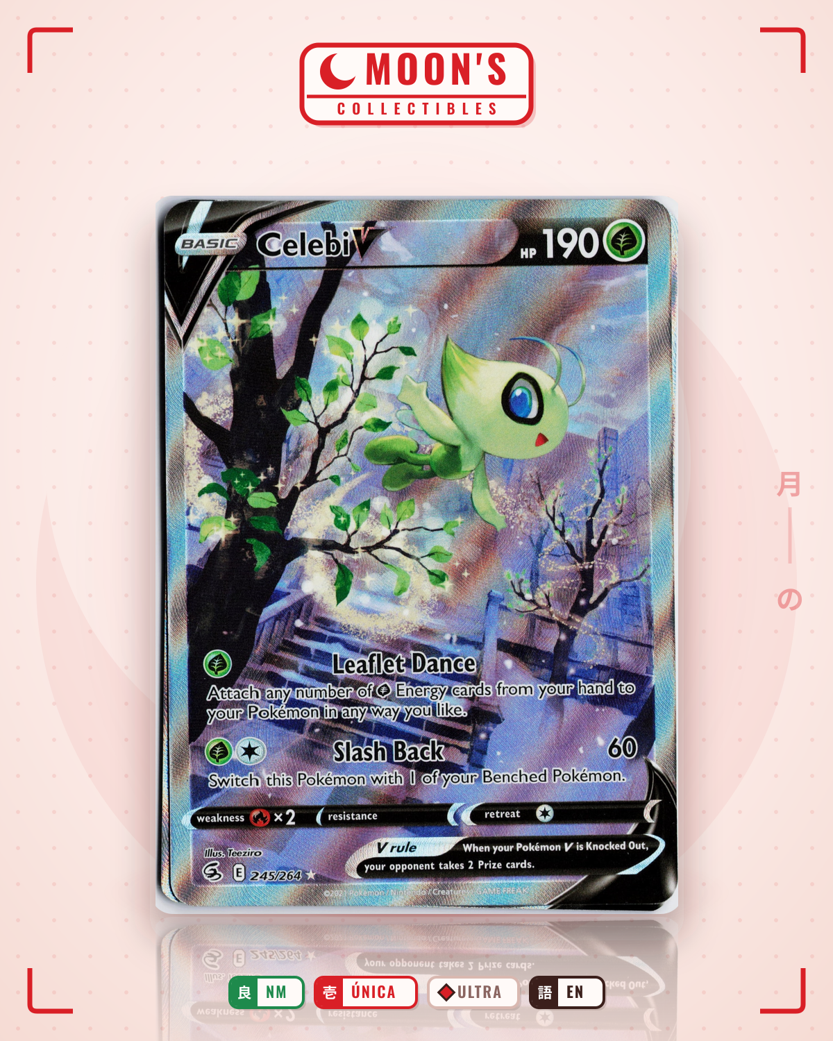 Carta Pokémon Celebi V · Fusion Strike #245/264 (NM) — pieza única en Moon's Collectibles México