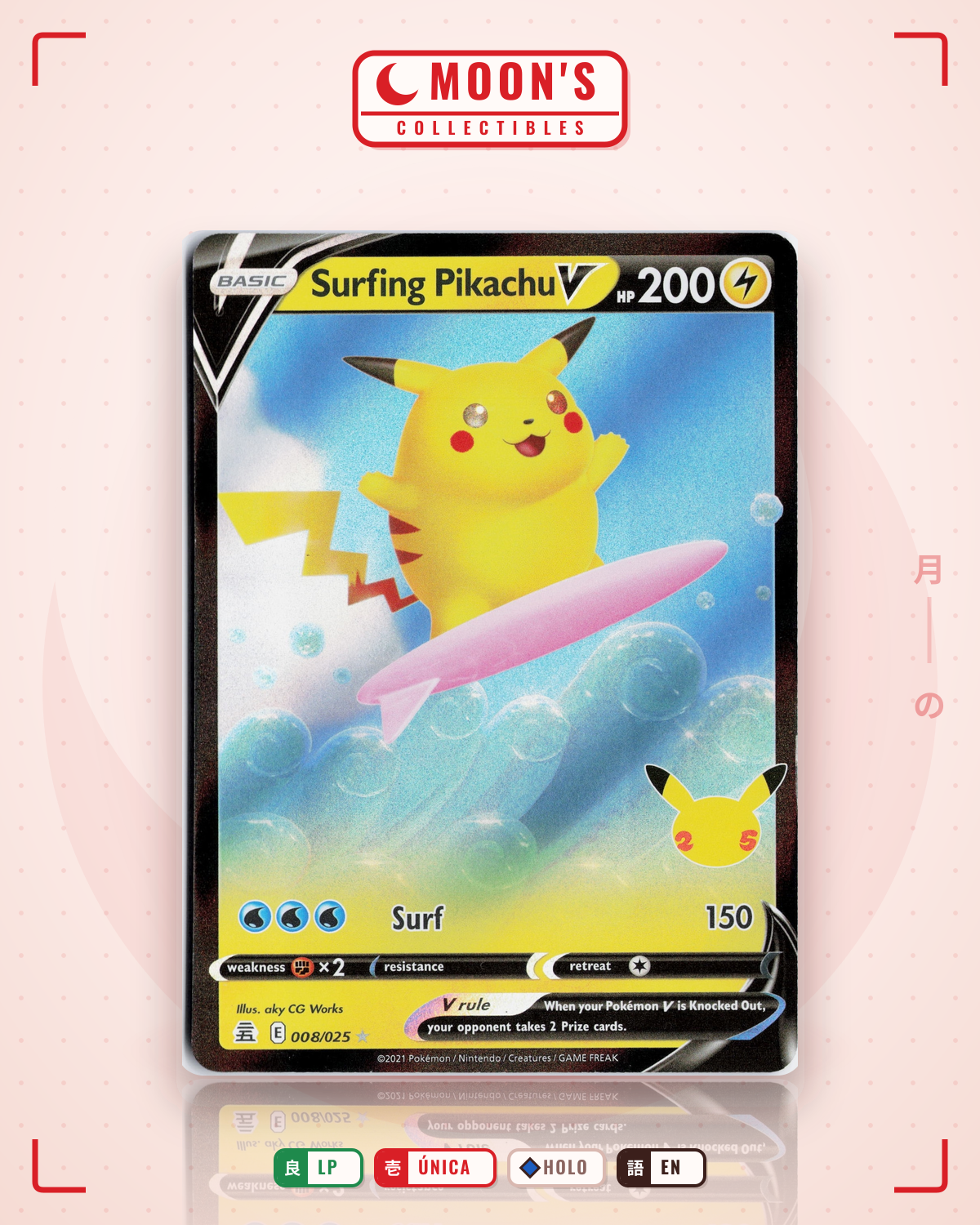 Carta Pokémon Surfing Pikachu V · Celebrations #8 (LP) — pieza única en Moon's Collectibles México