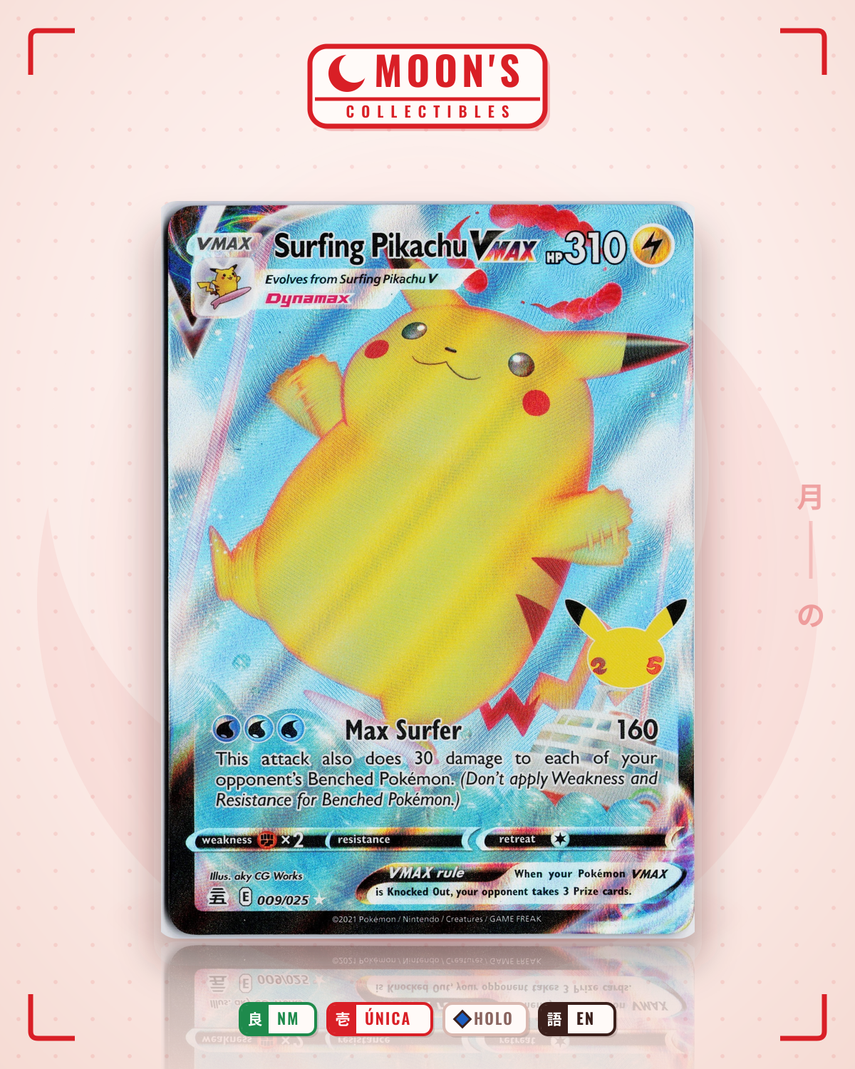 Carta Pokémon Surfing Pikachu VMAX · Celebrations #9 (NM) — pieza única en Moon's Collectibles México