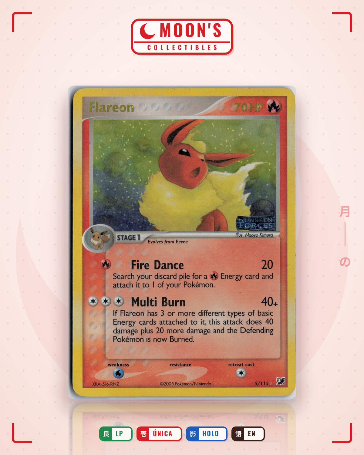 Carta Pokémon Flareon · Unseen Forces #5/115 (LP) — pieza única en Moon's Collectibles México
