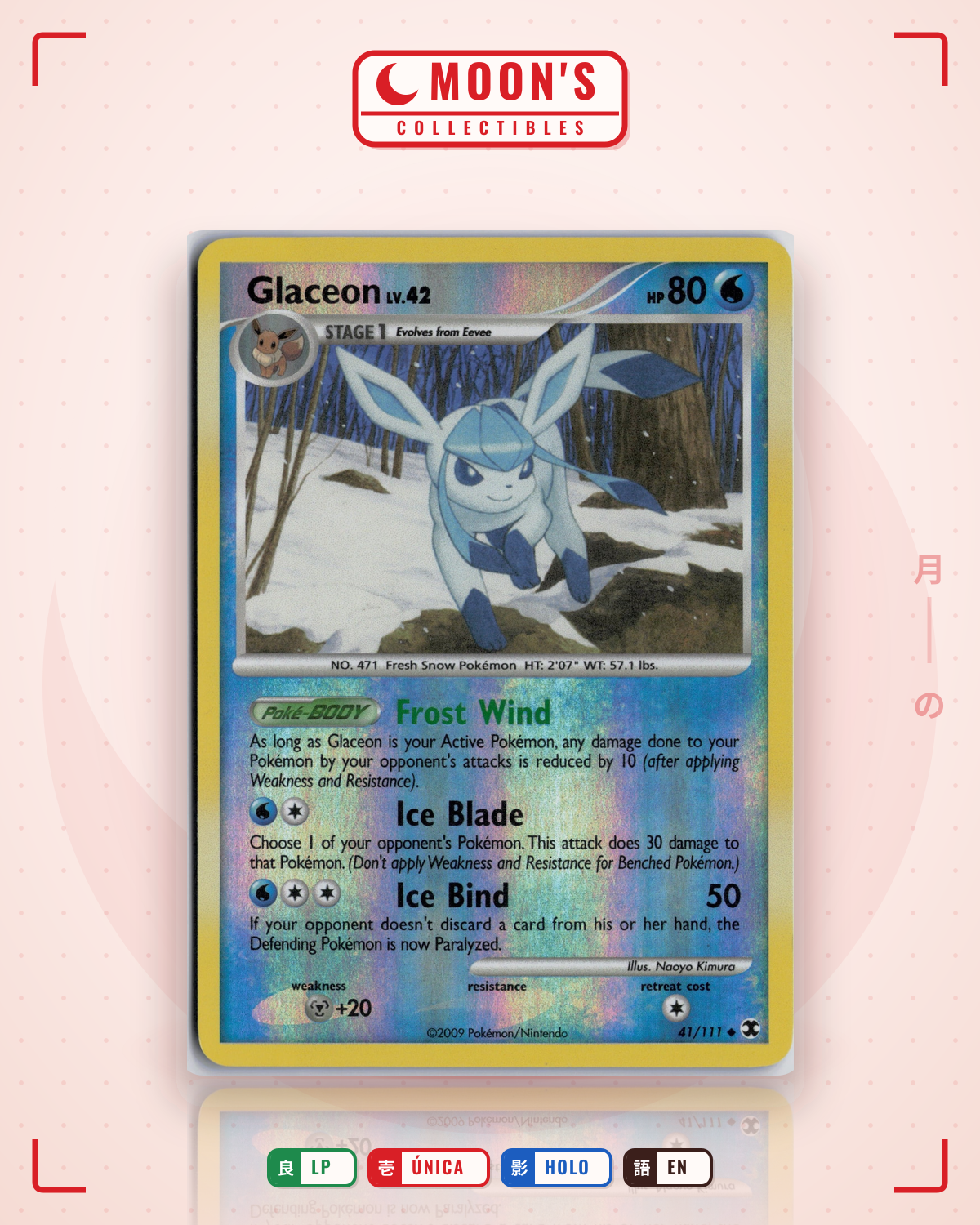 Carta Pokémon Glaceon · Rising Rivals #41/111 (LP) — pieza única en Moon's Collectibles México