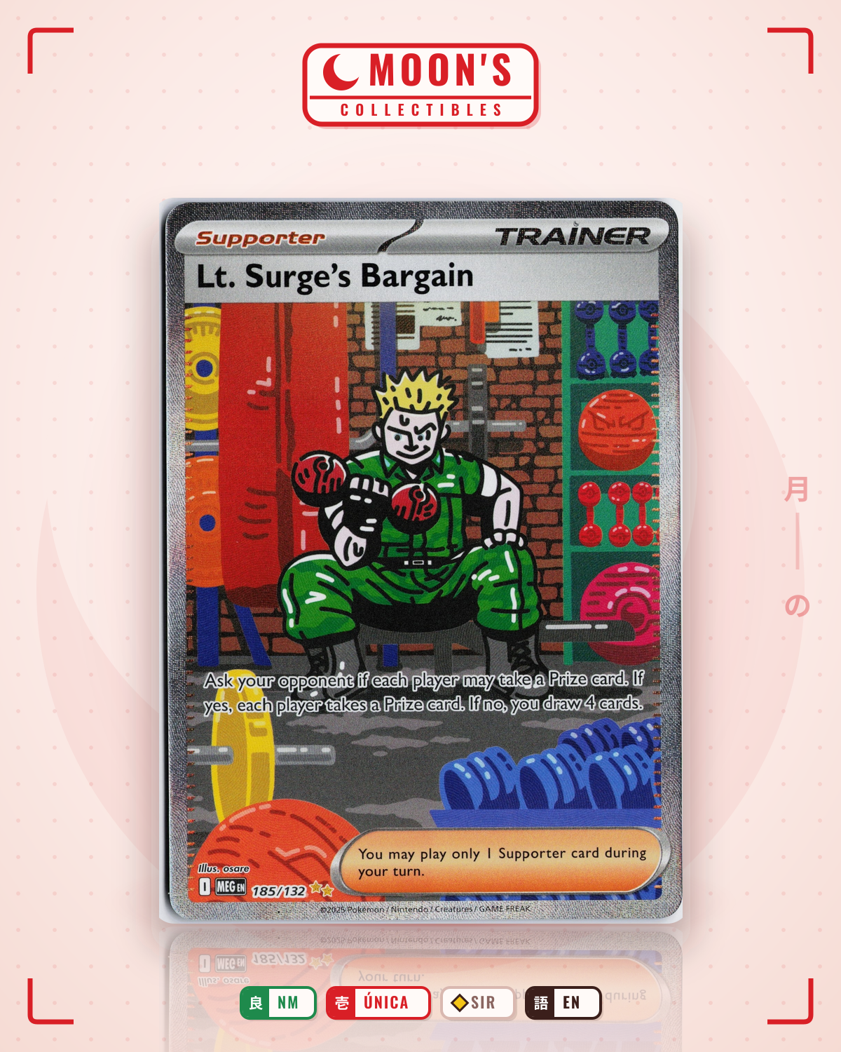 Carta Pokémon Lt. Surge's Bargain · Mega Evolution #185/132 (NM) — pieza única en Moon's Collectibles México