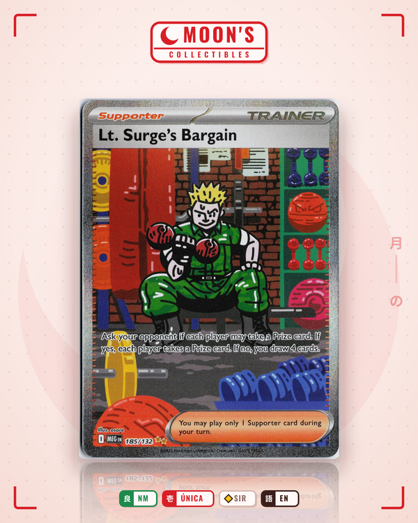 Carta Pokémon Lt. Surge's Bargain · Mega Evolution #185/132 (NM) — pieza única en Moon's Collectibles México