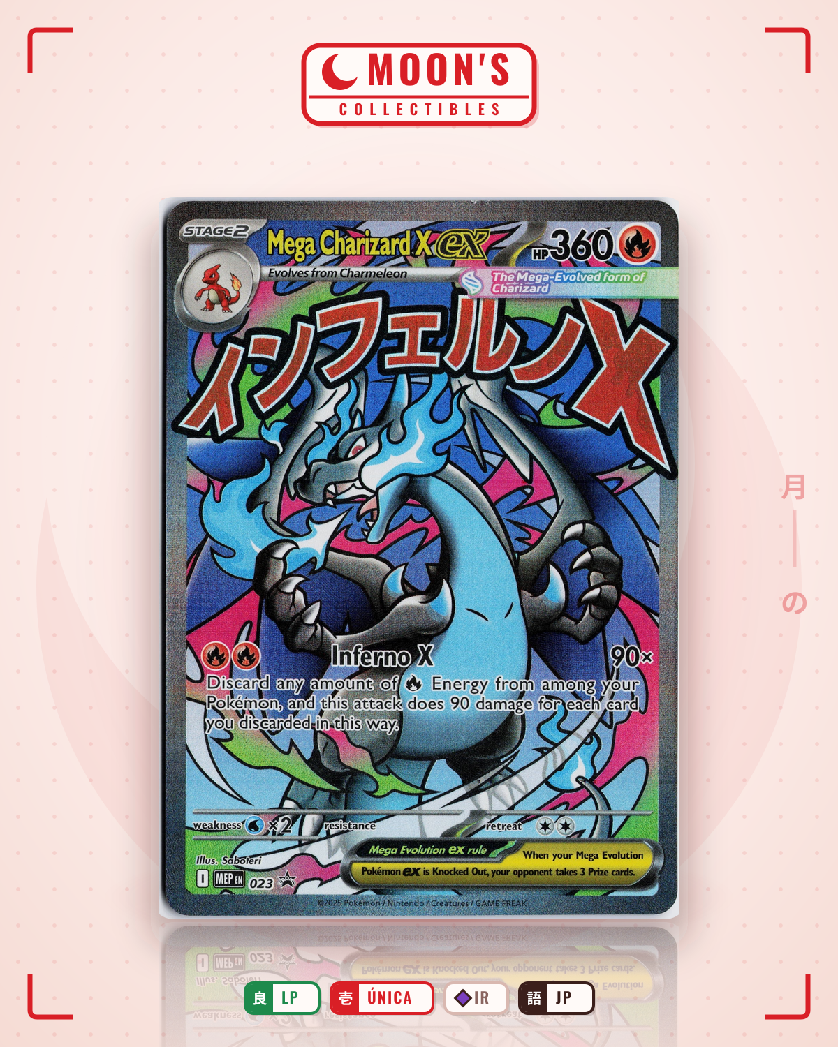 Carta Pokémon Mega Charizard X ex · Mega Evolution Black Star Promo #023 (LP) — pieza única en Moon's Collectibles México