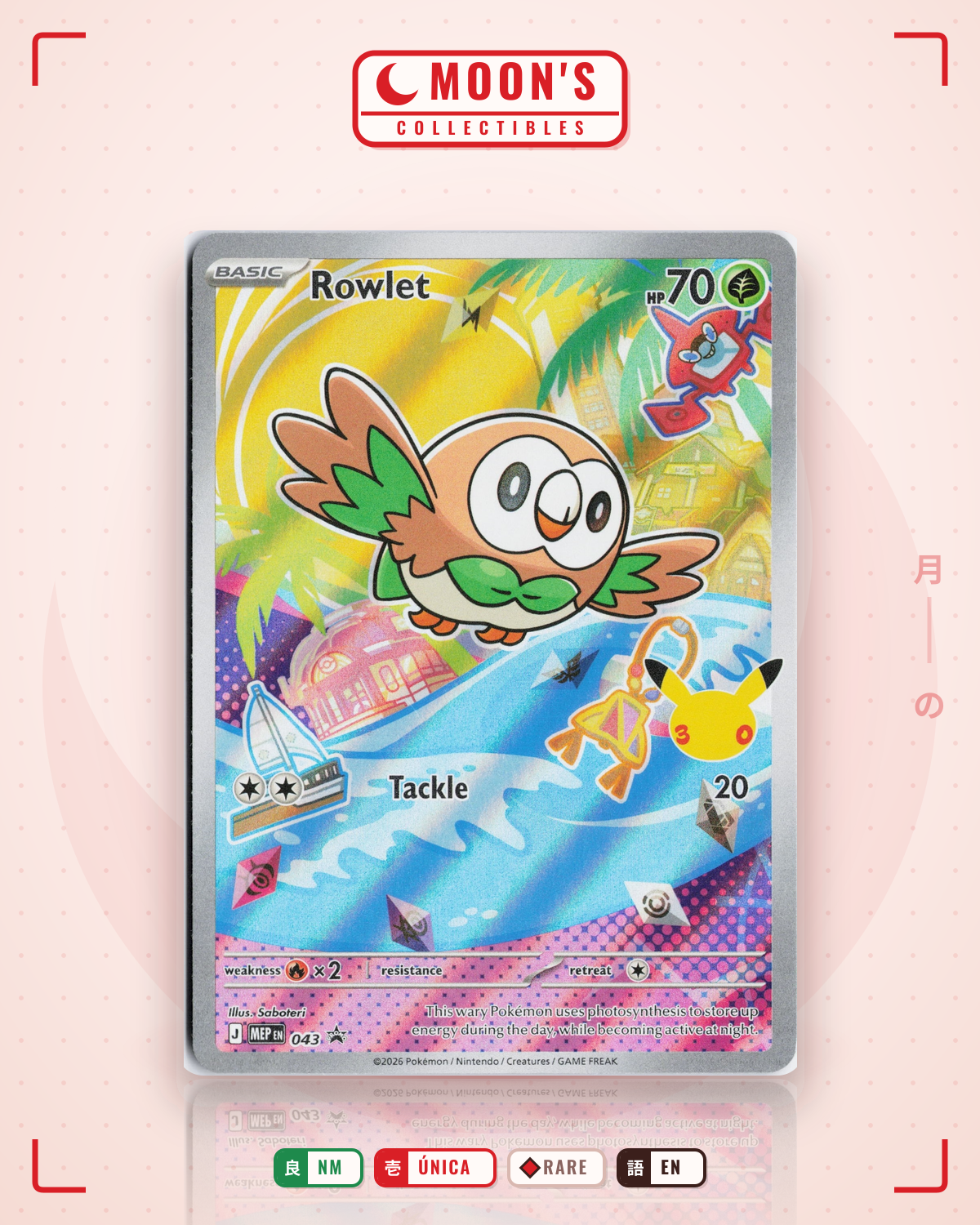 Carta Pokémon Rowlet · Mega Evolution Black Star Promos #043 (NM) — pieza única en Moon's Collectibles México