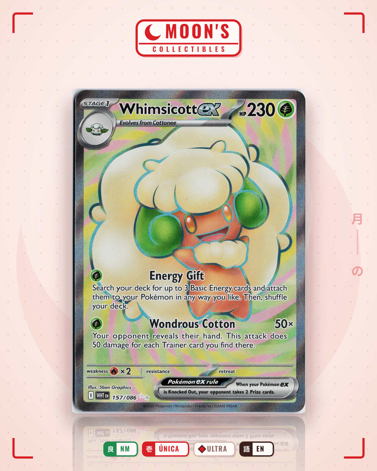 Carta Pokémon Whimsicott ex · White Flare #157/086 (NM) — pieza única en Moon's Collectibles México