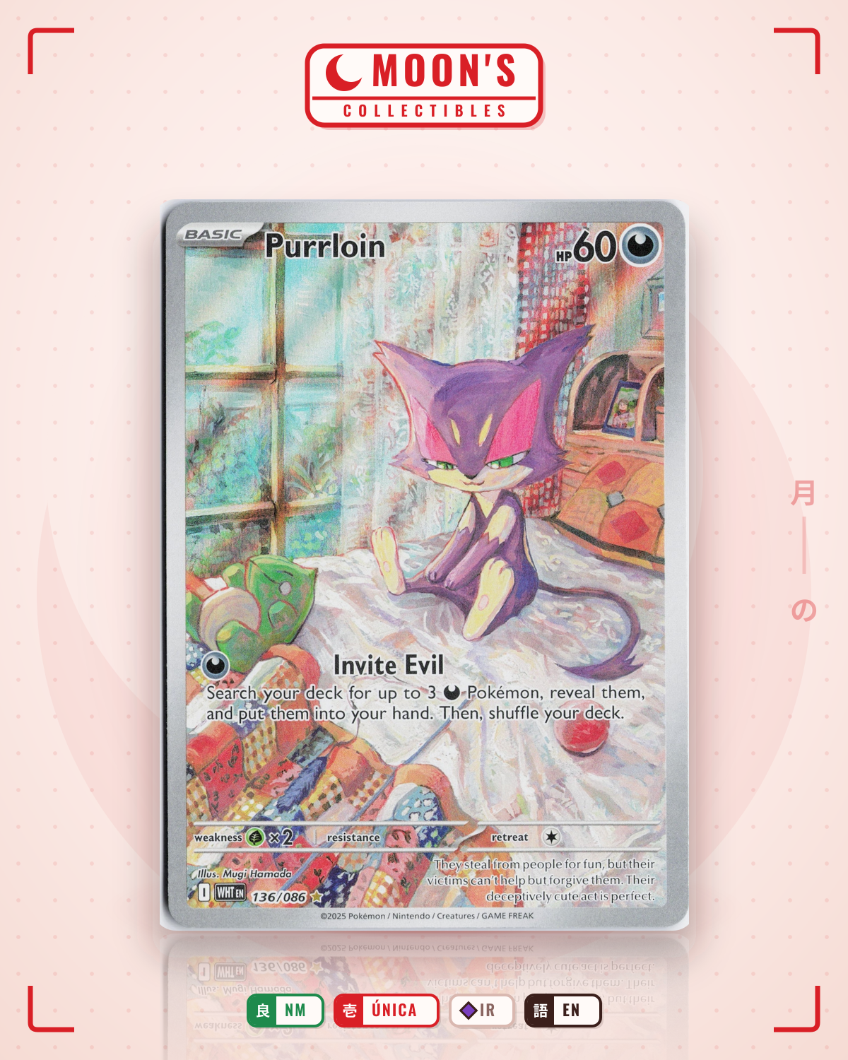 Carta Pokémon Purrloin · White Flare #136/086 (NM) — pieza única en Moon's Collectibles México