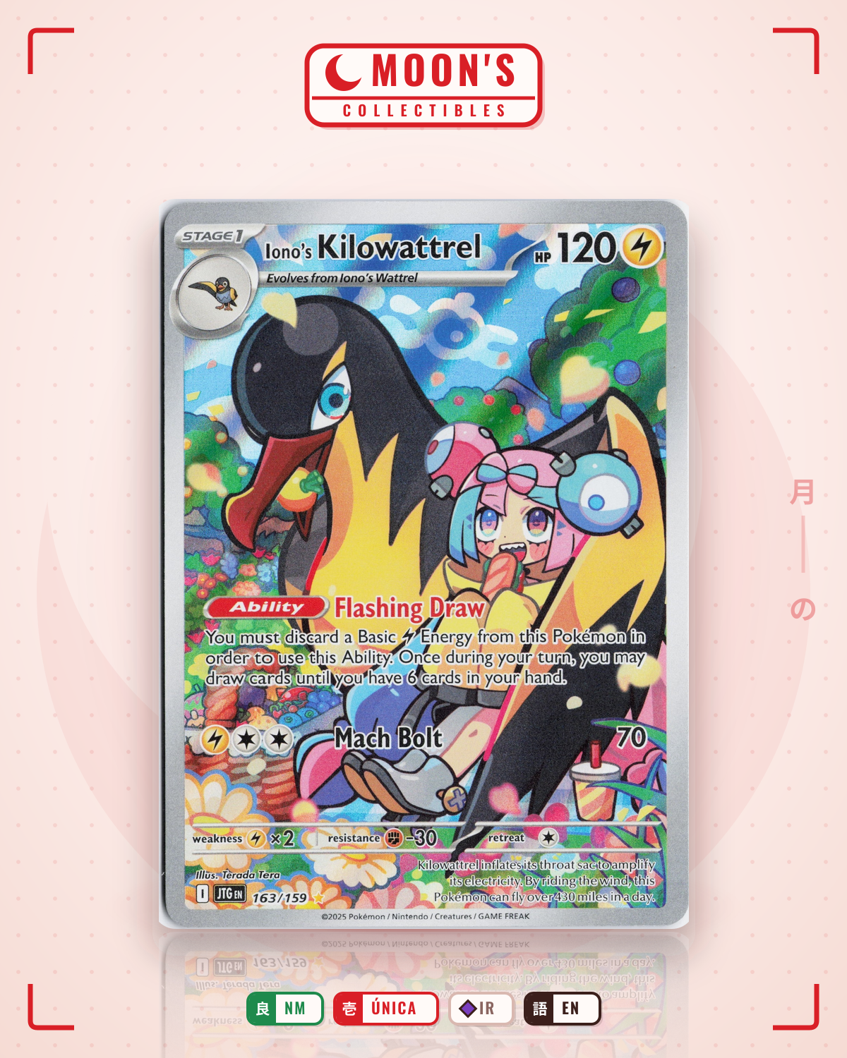 Carta Pokémon Iono's Kilowattrel · Journey Together #163/159 (NM) — pieza única en Moon's Collectibles México