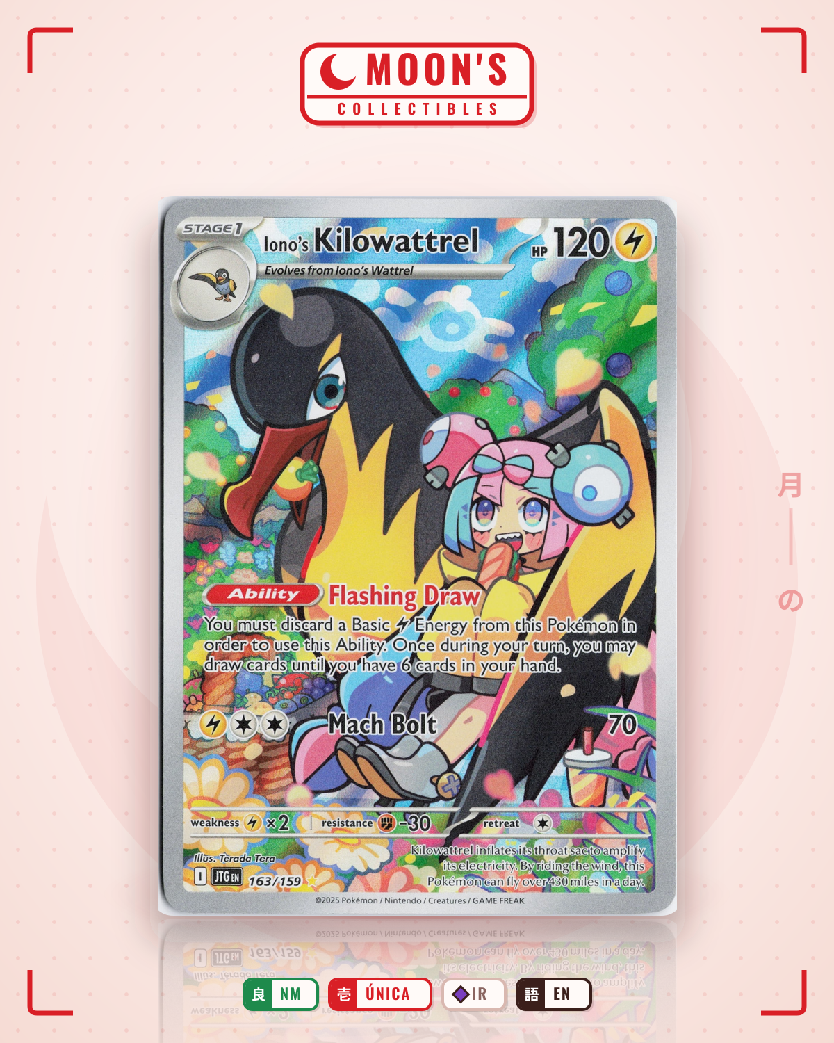 Carta Pokémon Iono's Kilowattrel · Journey Together #163/159 (NM) — pieza única en Moon's Collectibles México