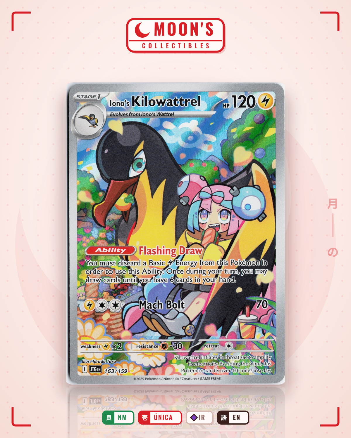 Carta Pokémon Iono's Kilowattrel · Journey Together #163/159 (NM) — pieza única en Moon's Collectibles México