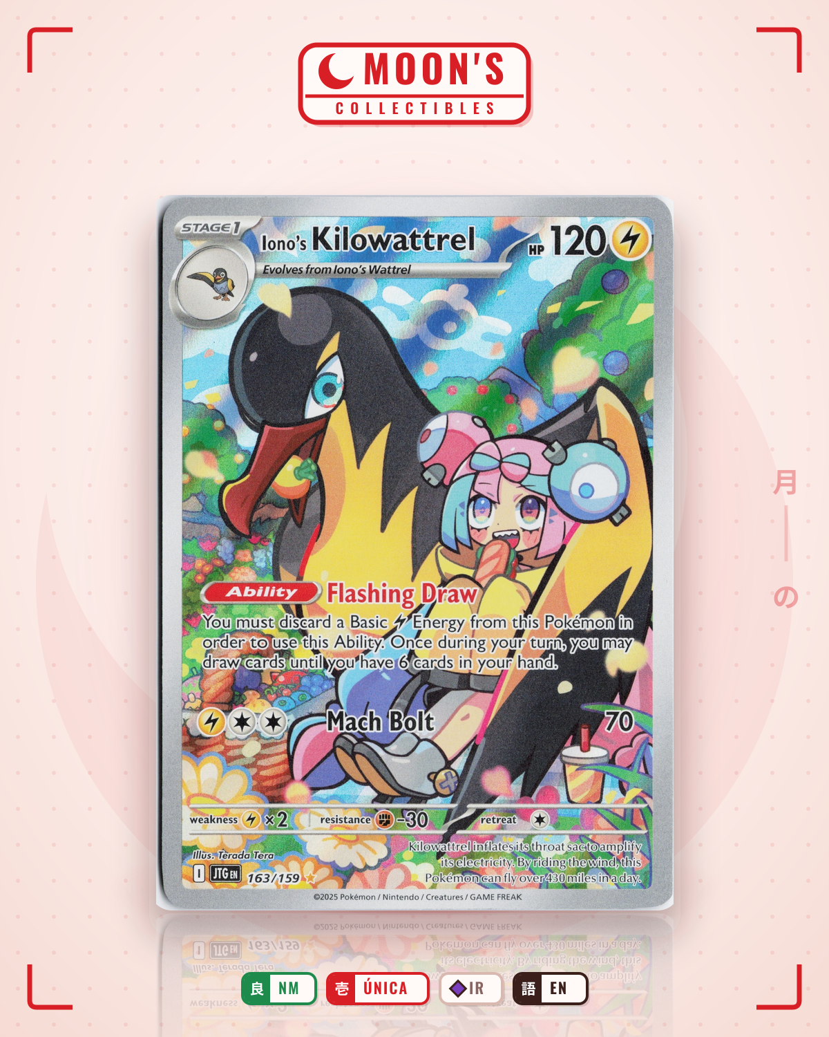 Carta Pokémon Iono's Kilowattrel · Journey Together #163/159 (NM) — pieza única en Moon's Collectibles México