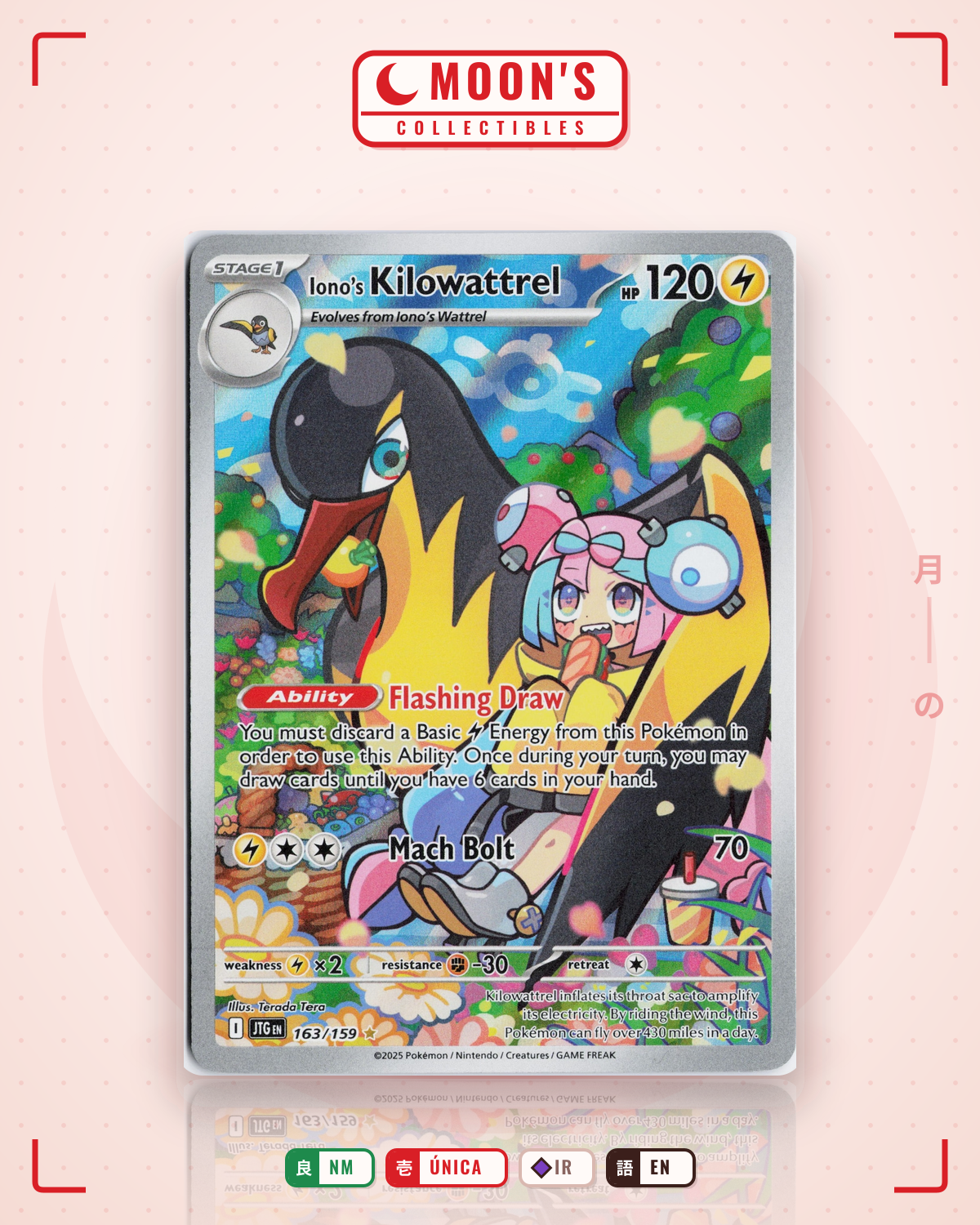 Carta Pokémon Iono's Kilowattrel · Journey Together #163/159 (NM) — pieza única en Moon's Collectibles México