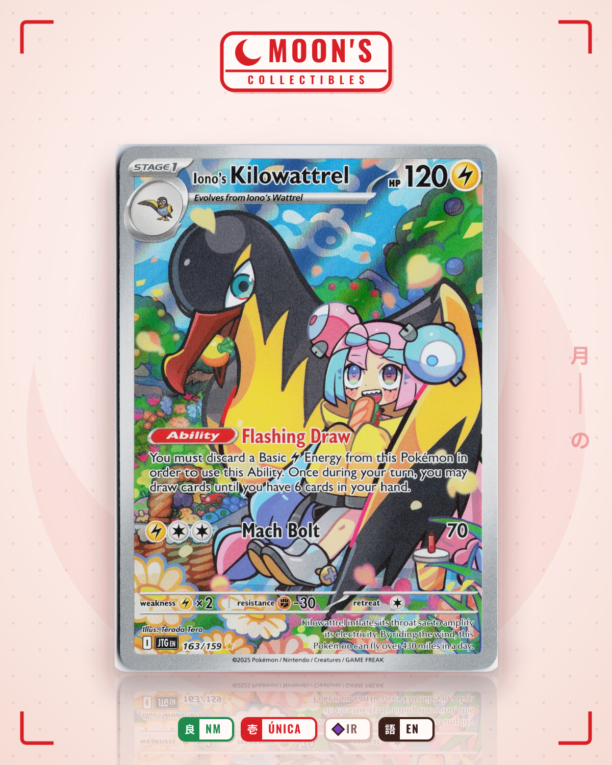 Carta Pokémon Iono's Kilowattrel · Journey Together #163/159 (NM) — pieza única en Moon's Collectibles México