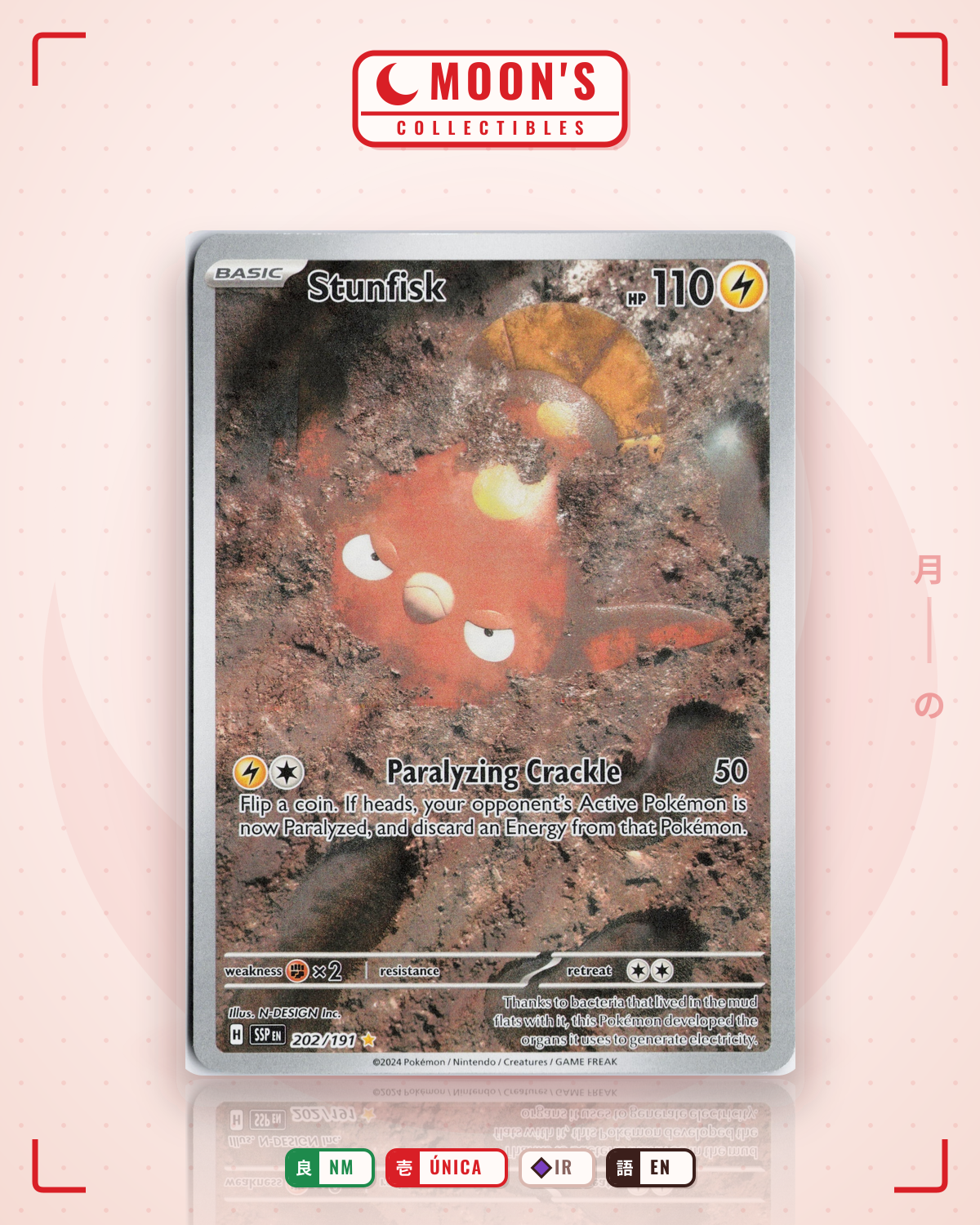 Carta Pokémon Stunfisk · Surging Sparks #202/191 (NM) — pieza única en Moon's Collectibles México