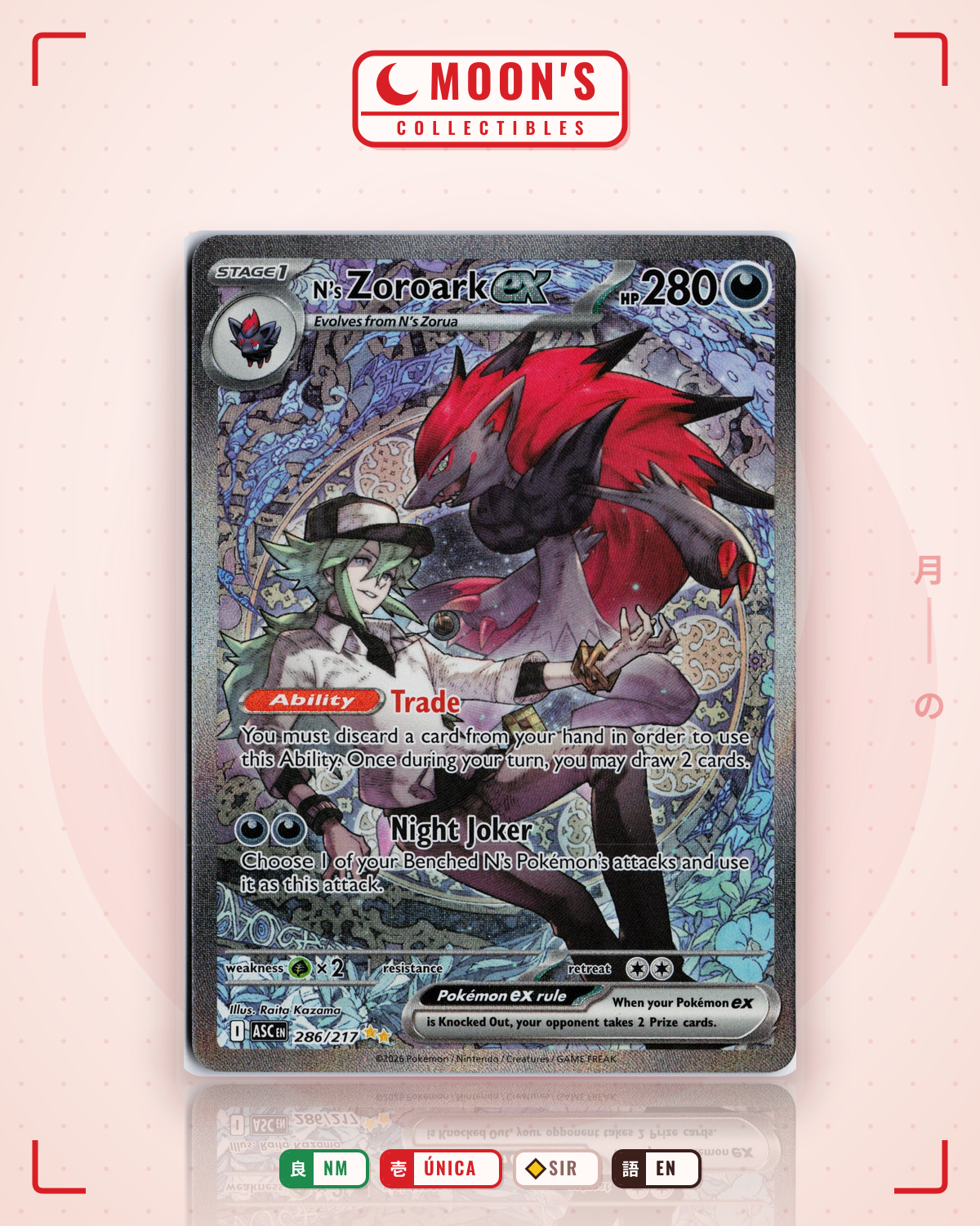 Carta Pokémon N's Zoroark ex · Ascended Heroes #286/217 (NM) — pieza única en Moon's Collectibles México