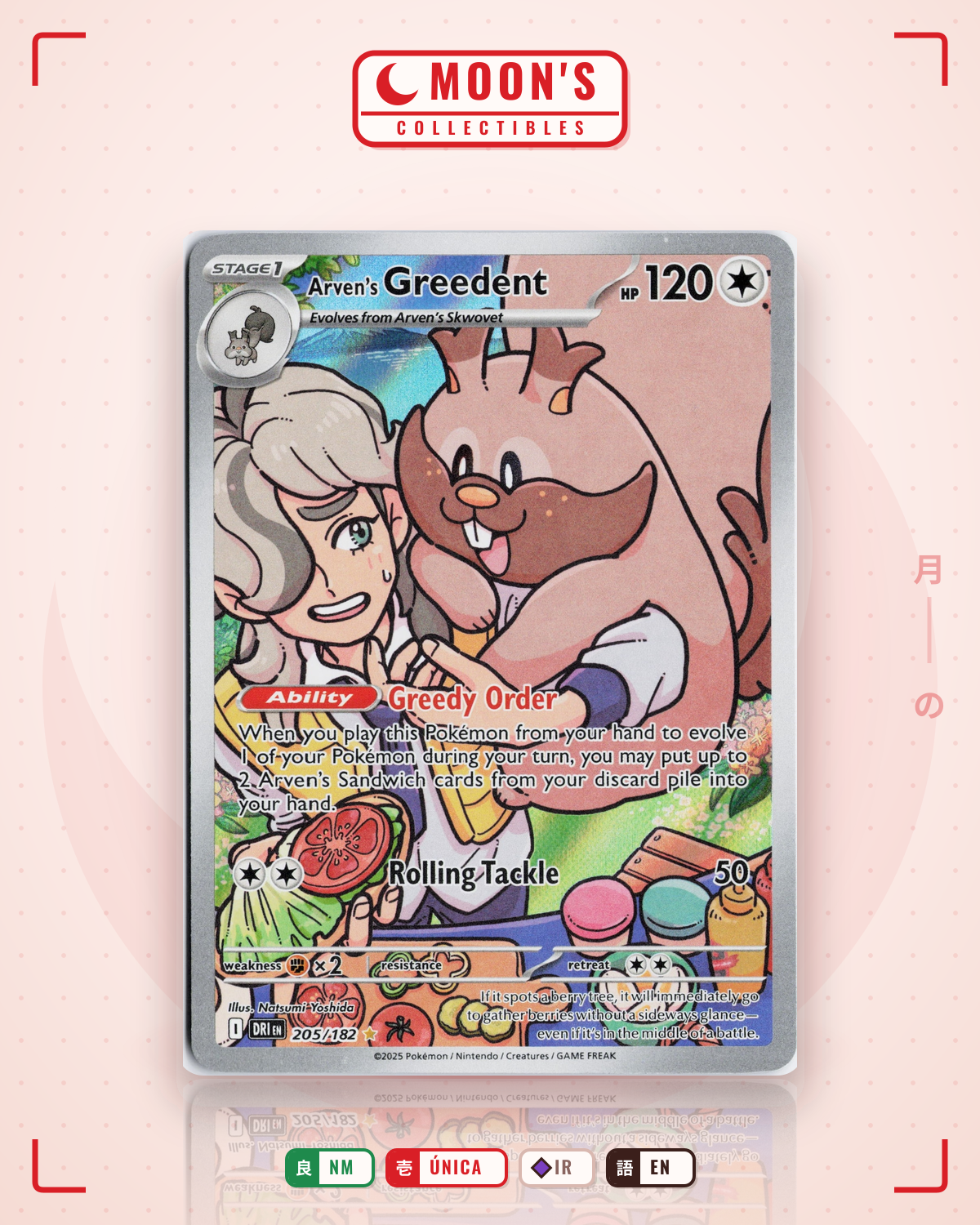 Carta Pokémon Arven's Greedent · Destined Rivals #205/182 (NM) — pieza única en Moon's Collectibles México