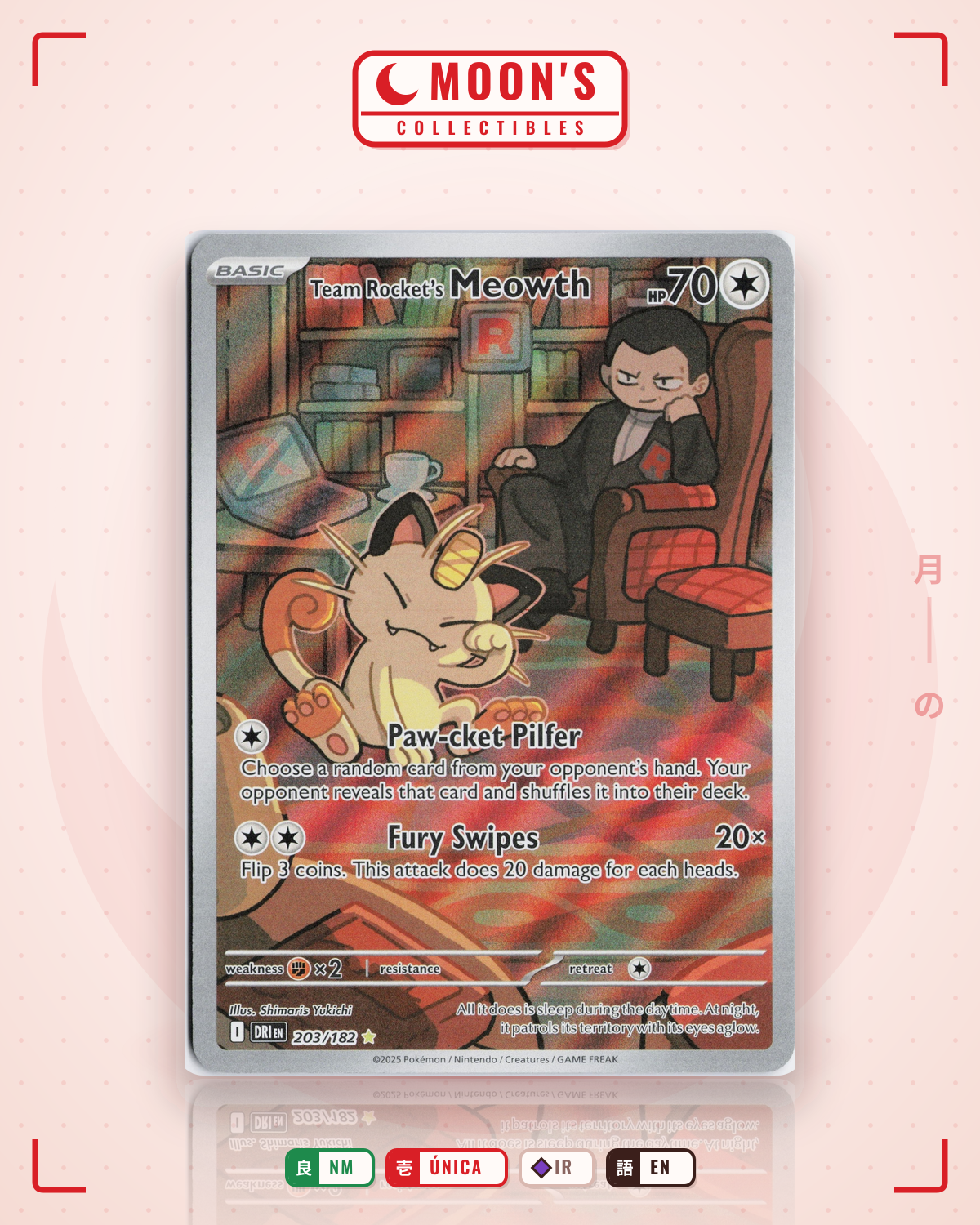 Carta Pokémon Team Rocket's Meowth · Destined Rivals #203/182 (NM) — pieza única en Moon's Collectibles México