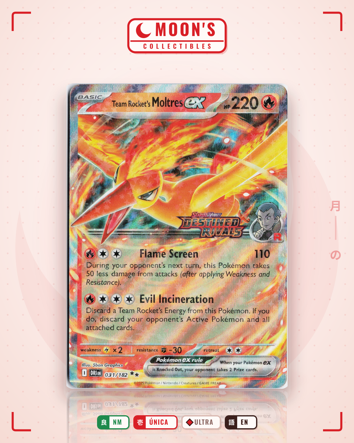 Carta Pokémon Team Rocket's Moltres ex · Destined Rivals #031/182 (NM) — pieza única en Moon's Collectibles México