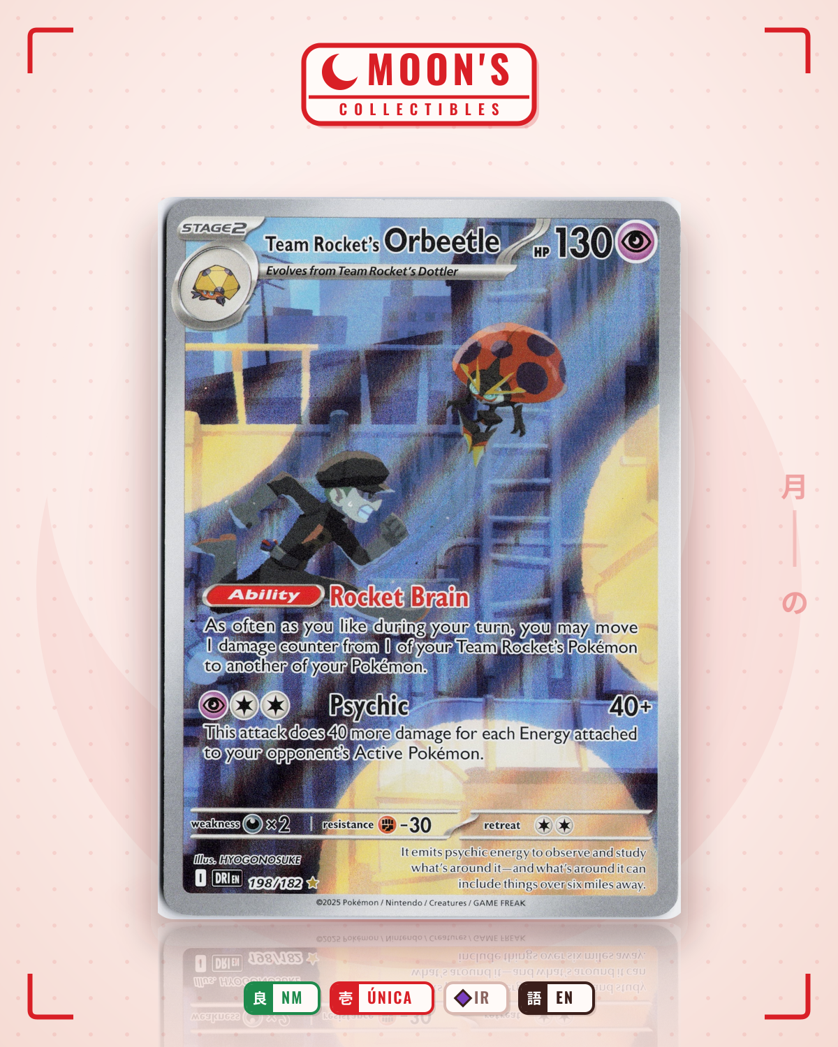 Carta Pokémon Team Rocket's Orbeetle · Destined Rivals #198/182 (NM) — pieza única en Moon's Collectibles México