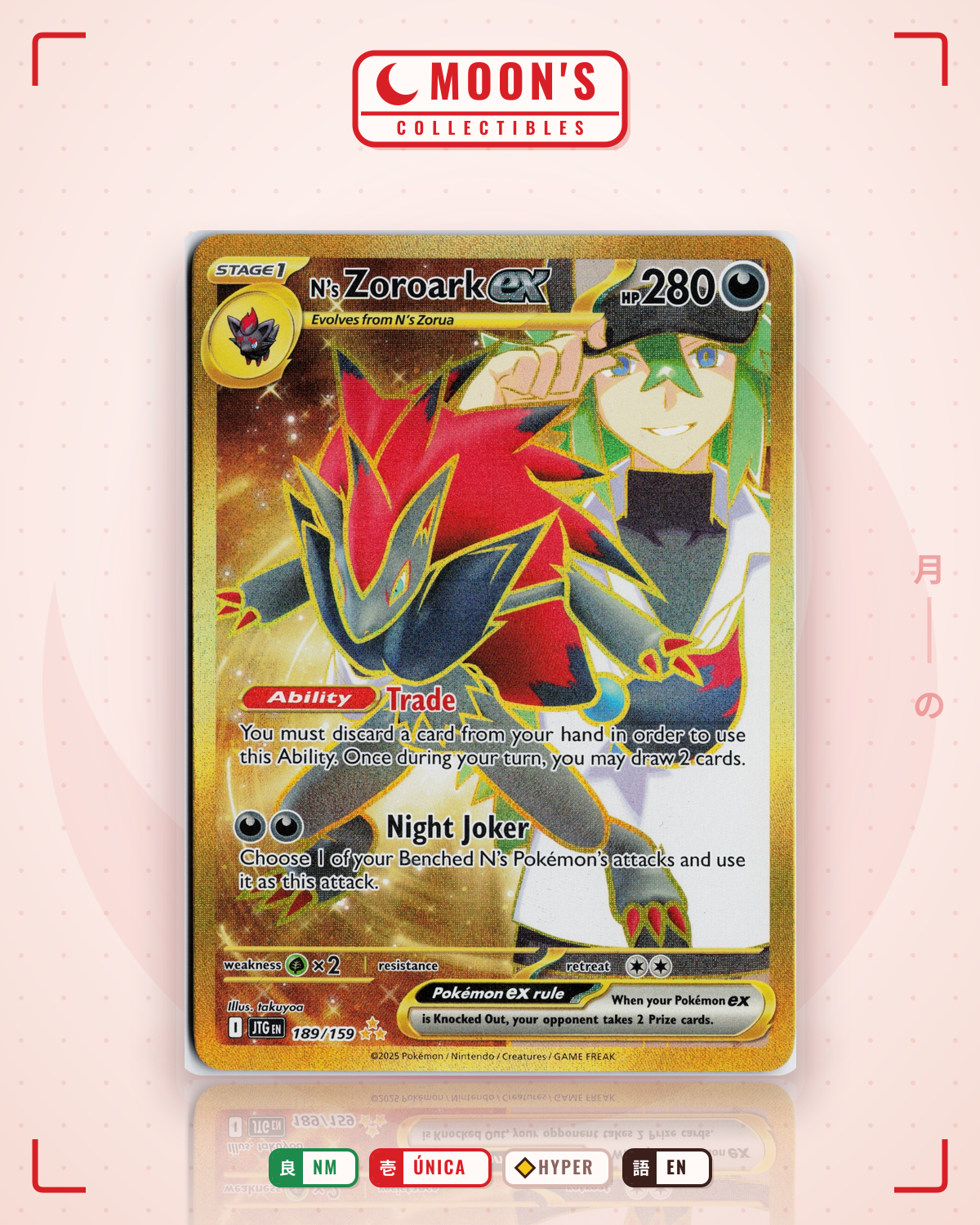 Carta Pokémon N's Zoroark ex · Journey Together #189/159 (NM) — pieza única en Moon's Collectibles México