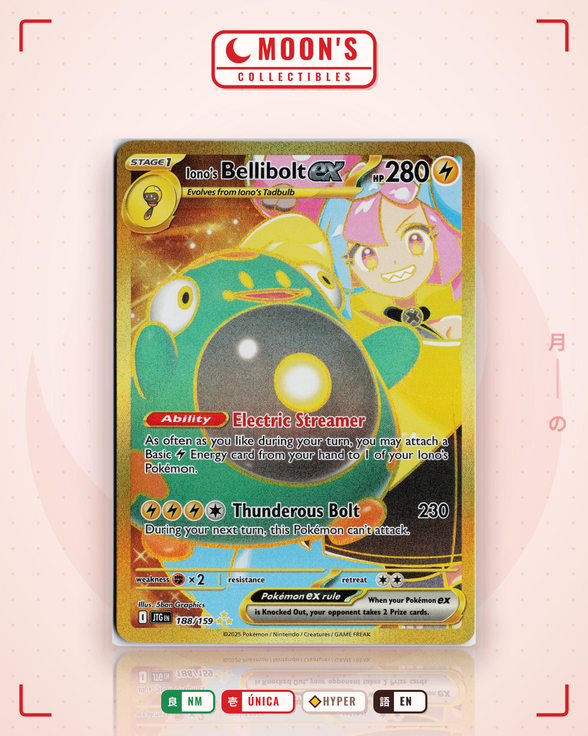 Carta Pokémon Iono's Bellibolt ex · Journey Together #188/159 (NM) — pieza única en Moon's Collectibles México