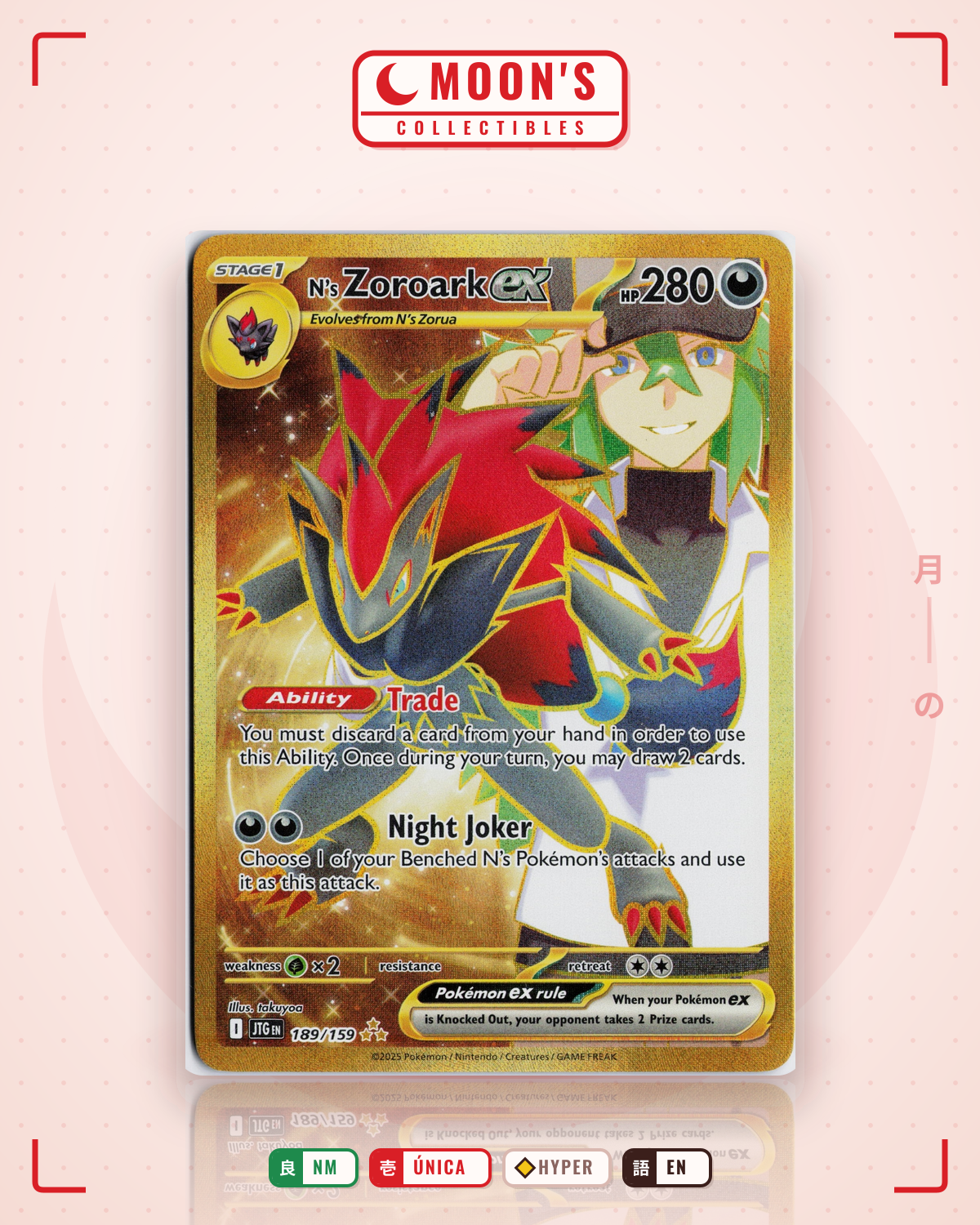 Carta Pokémon N's Zoroark ex · Journey Together #189/159 (NM) — pieza única en Moon's Collectibles México