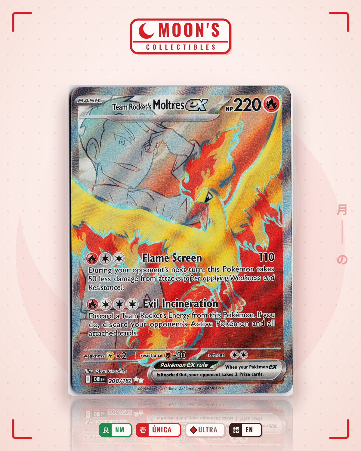 Carta Pokémon Team Rocket's Moltres ex · Destined Rivals #208/182 (NM) — pieza única en Moon's Collectibles México