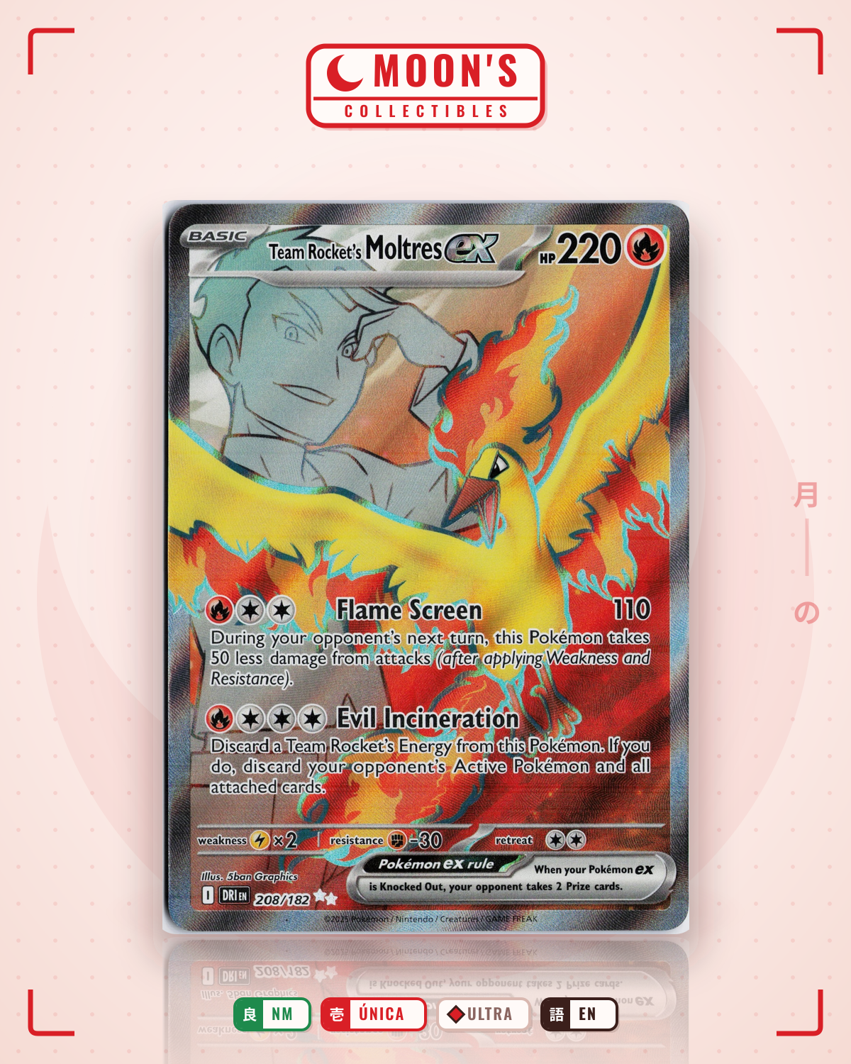 Carta Pokémon Team Rocket's Moltres ex · Destined Rivals #208/182 (NM) — pieza única en Moon's Collectibles México