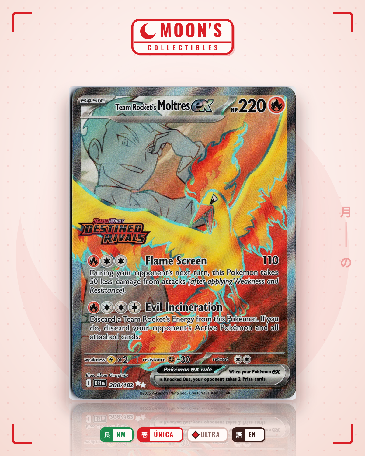 Carta Pokémon Team Rocket's Moltres ex · Destined Rivals #208/182 (NM) — pieza única en Moon's Collectibles México