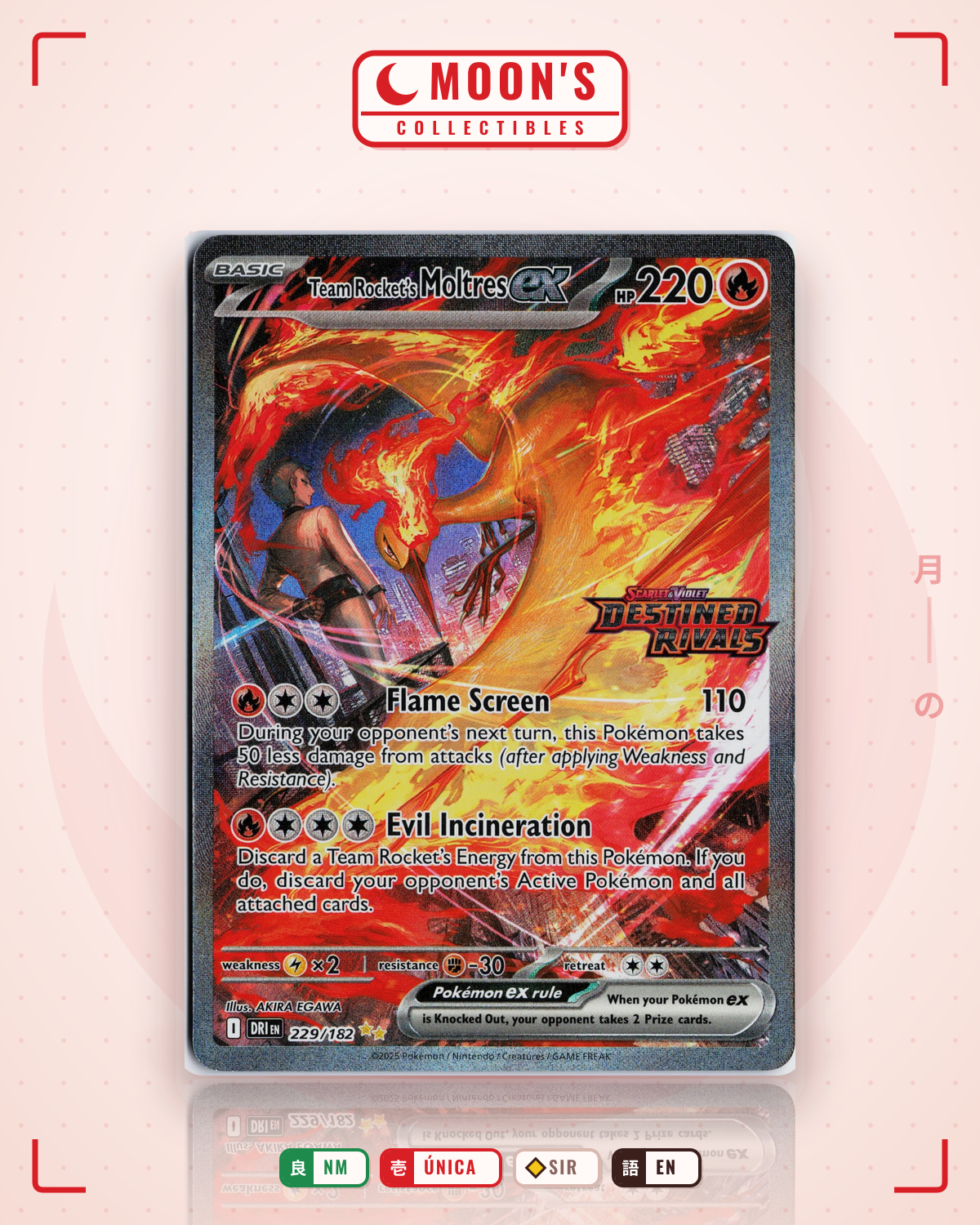 Carta Pokémon Team Rocket's Moltres ex · Destined Rivals #229/182 (NM) — pieza única en Moon's Collectibles México