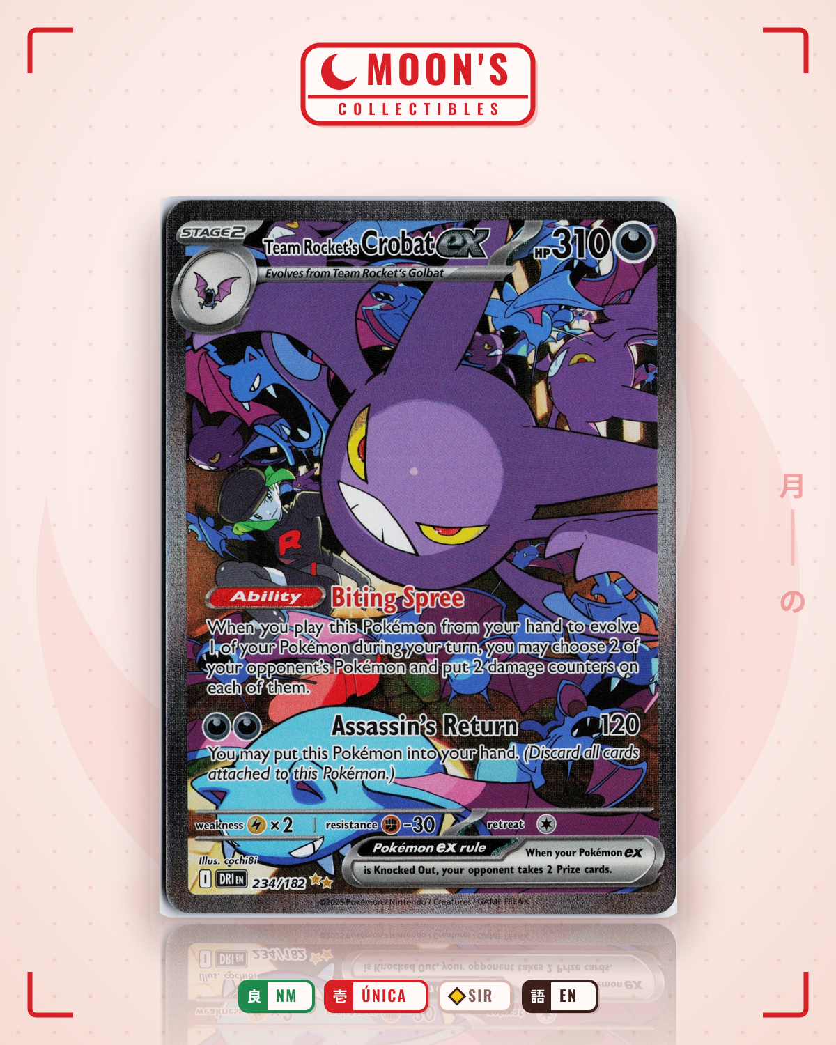 Carta Pokémon Team Rocket's Crobat ex · Destined Rivals #234/182 (NM) — pieza única en Moon's Collectibles México