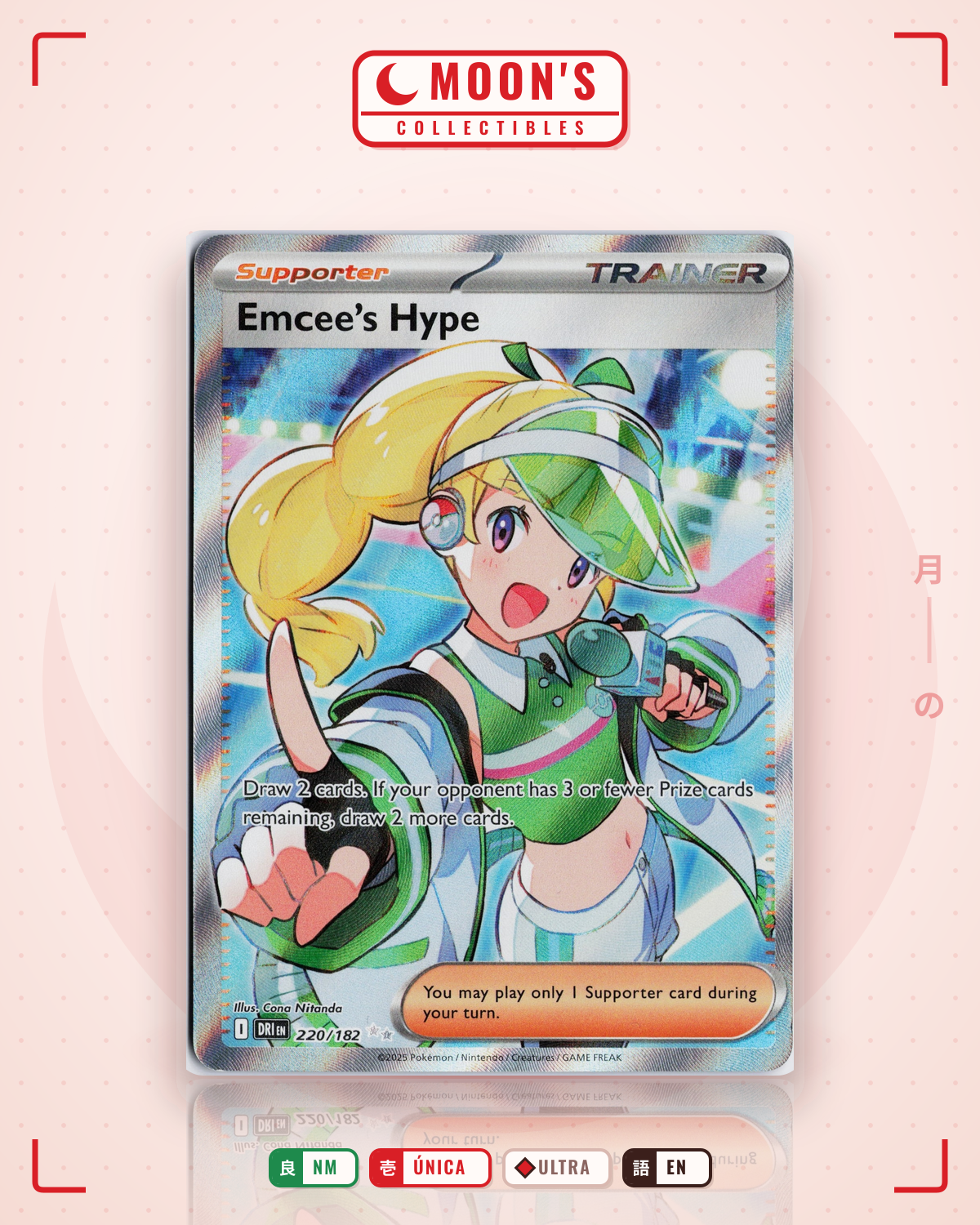 Carta Pokémon Emcee's Hype · Destined Rivals #220/182 (NM) — pieza única en Moon's Collectibles México