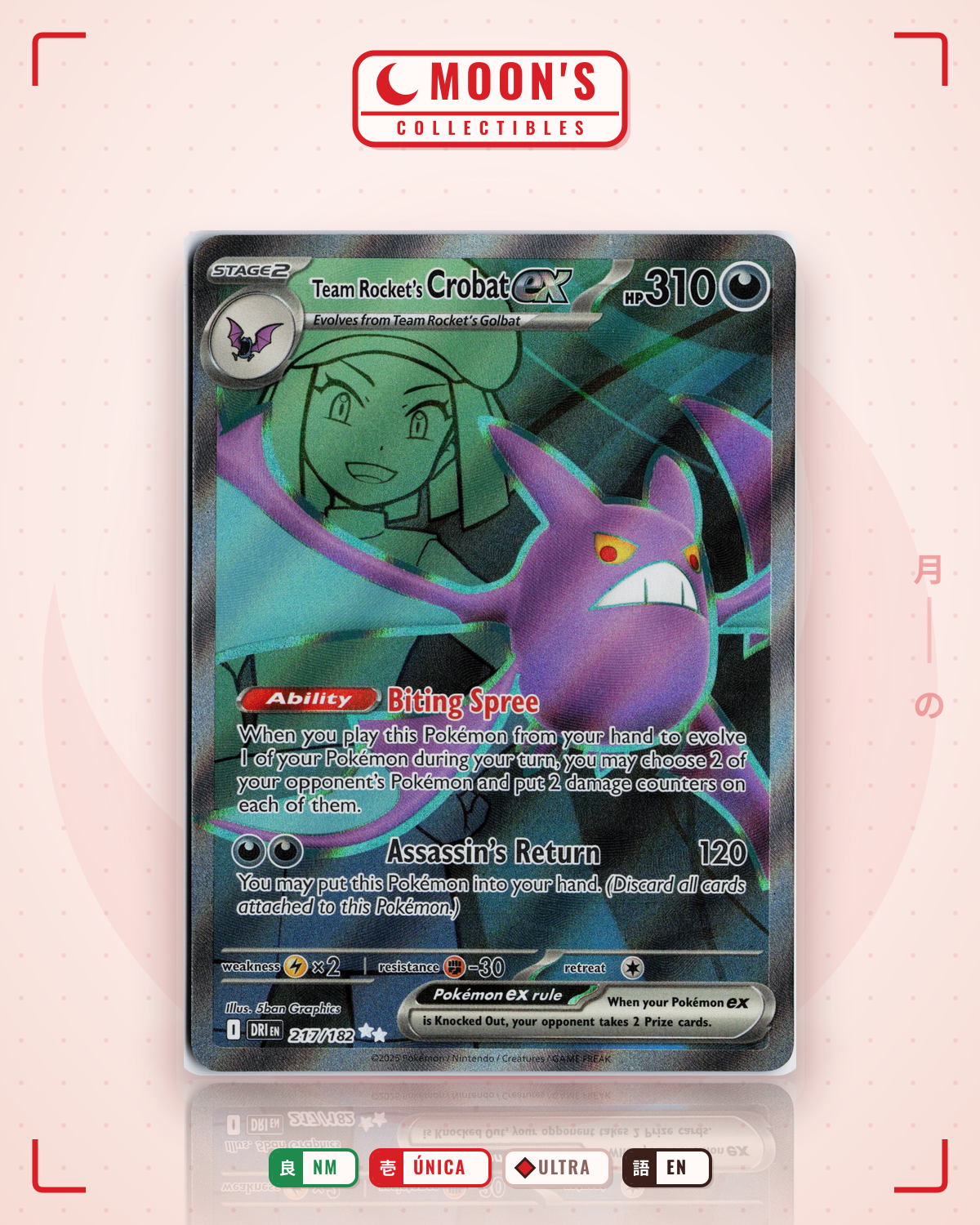 Carta Pokémon Team Rocket's Crobat ex · Destined Rivals #217/182 (NM) — pieza única en Moon's Collectibles México