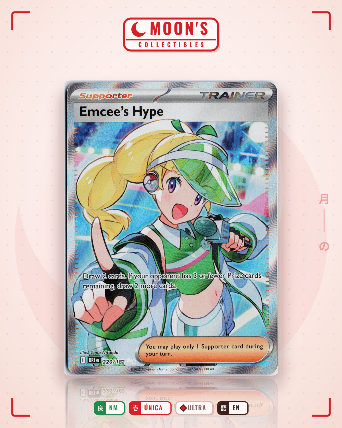 Carta Pokémon Emcee's Hype · Destined Rivals #220/182 (NM) — pieza única en Moon's Collectibles México