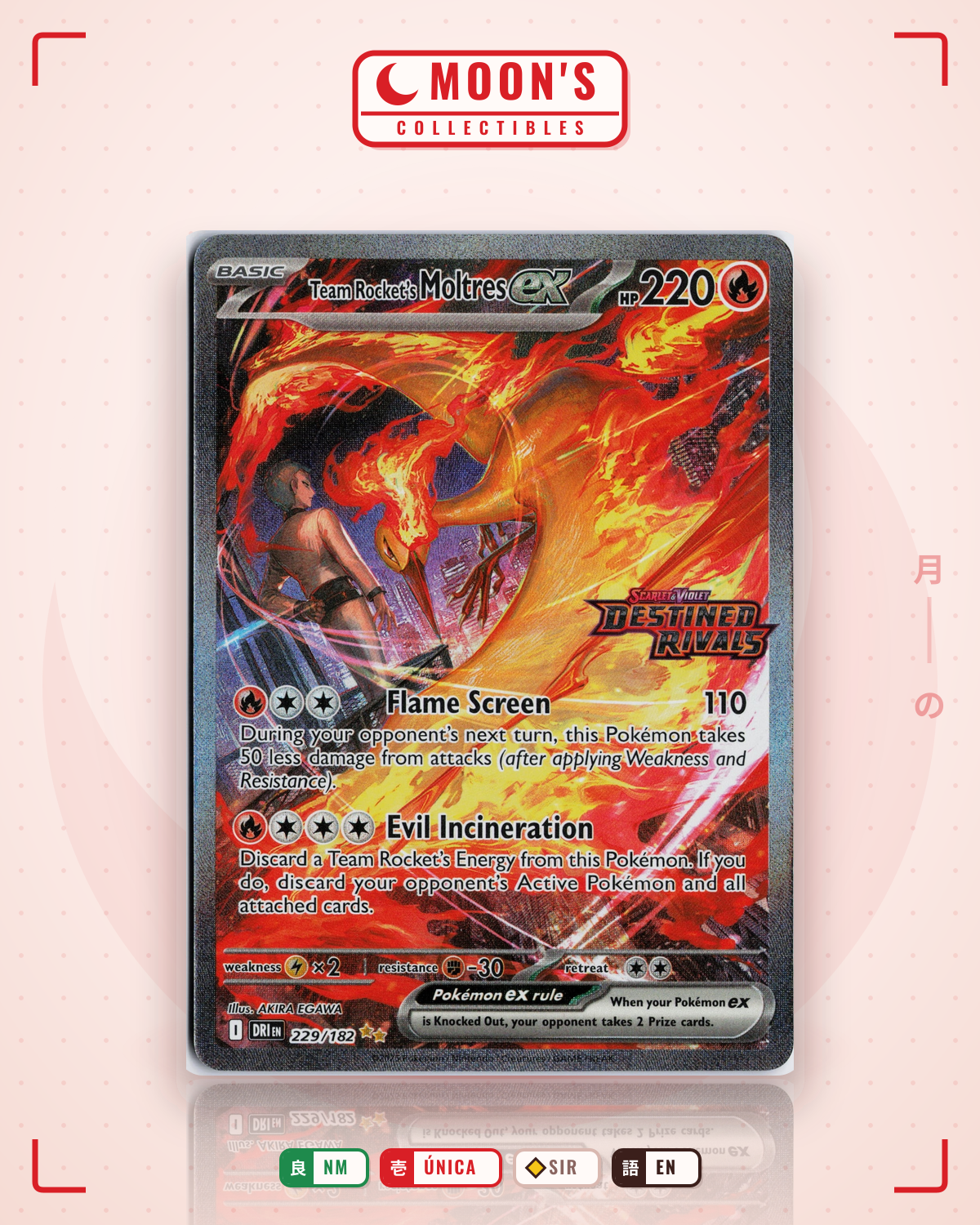 Carta Pokémon Team Rocket's Moltres ex · Destined Rivals #229/182 (NM) — pieza única en Moon's Collectibles México