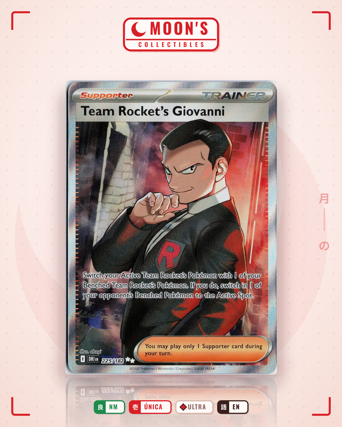 Carta Pokémon Team Rocket's Giovanni · Destined Rivals #225/182 (NM) — pieza única en Moon's Collectibles México