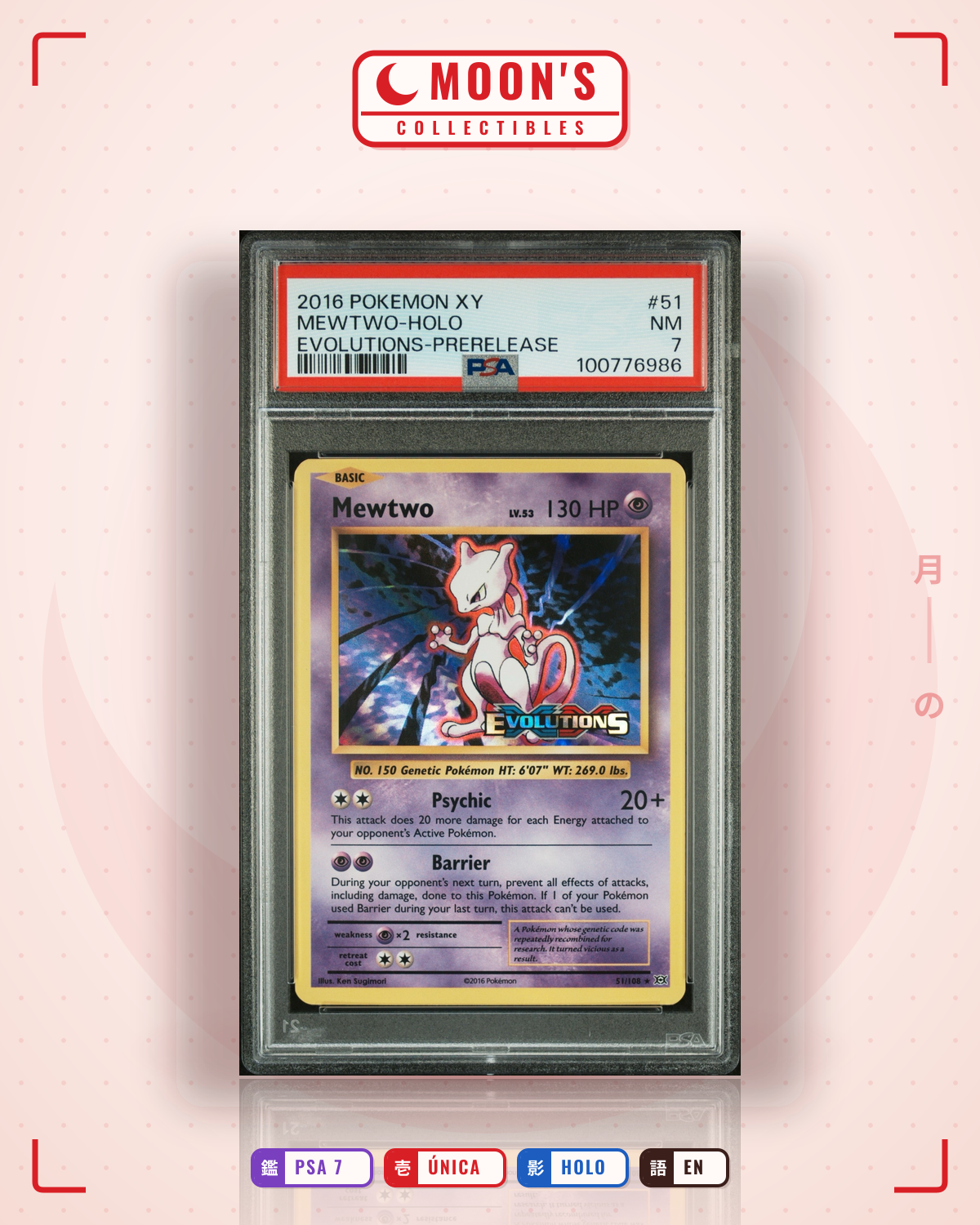 Carta Pokémon Mewtwo · Evolutions #51/108 (PSA 7) — pieza única en Moon's Collectibles México