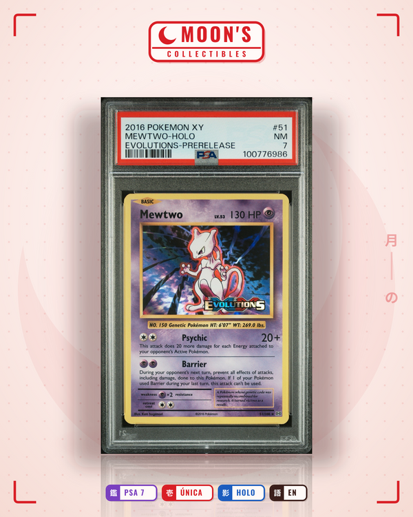 Carta Pokémon Mewtwo · Evolutions #51/108 (PSA 7) — pieza única en Moon's Collectibles México