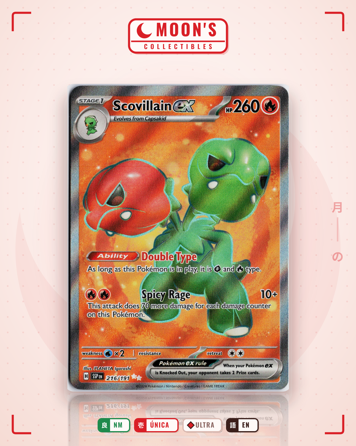 Carta Pokémon Scovillain ex · Surging Sparks #216/191 (NM) — pieza única en Moon's Collectibles México