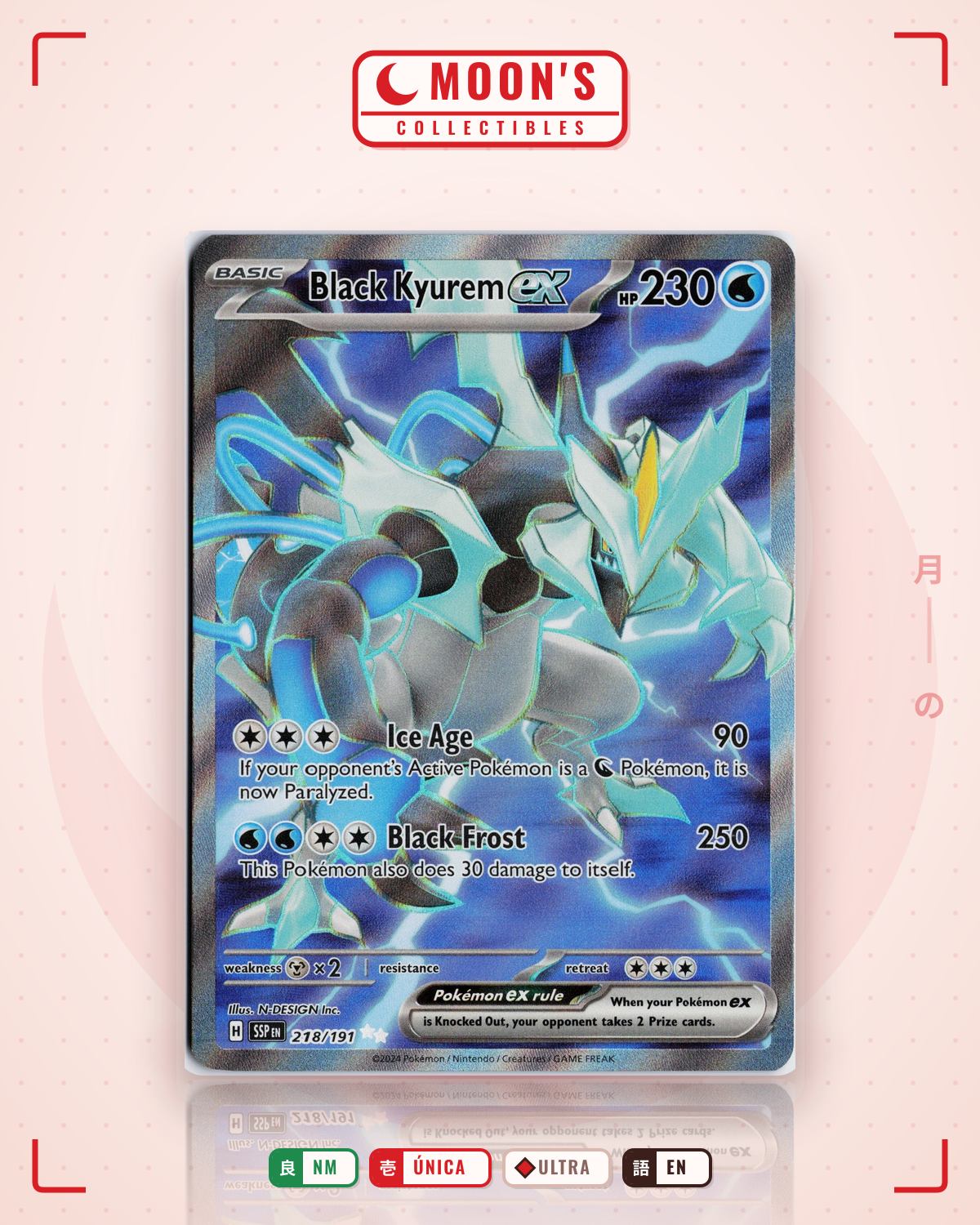 Carta Pokémon Black Kyurem ex · Surging Sparks #218/191 (NM) — pieza única en Moon's Collectibles México