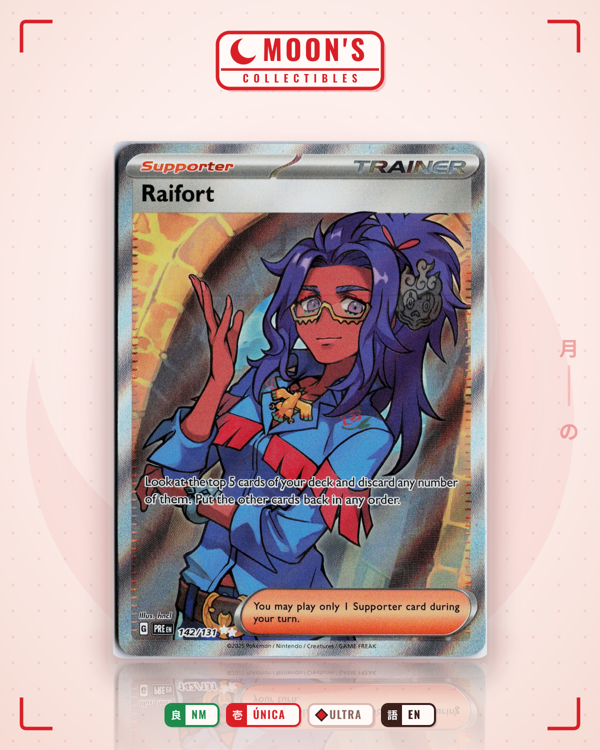 Carta Pokémon Raifort · Prismatic Evolutions #142/131 (NM) — pieza única en Moon's Collectibles México
