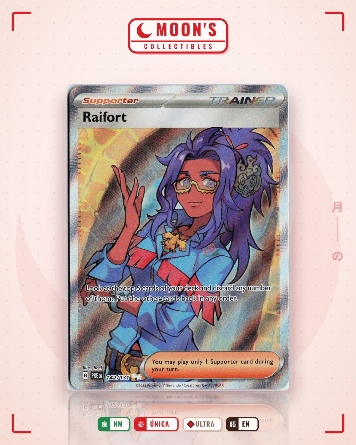 Carta Pokémon Raifort · Prismatic Evolutions #142/131 (NM) — pieza única en Moon's Collectibles México