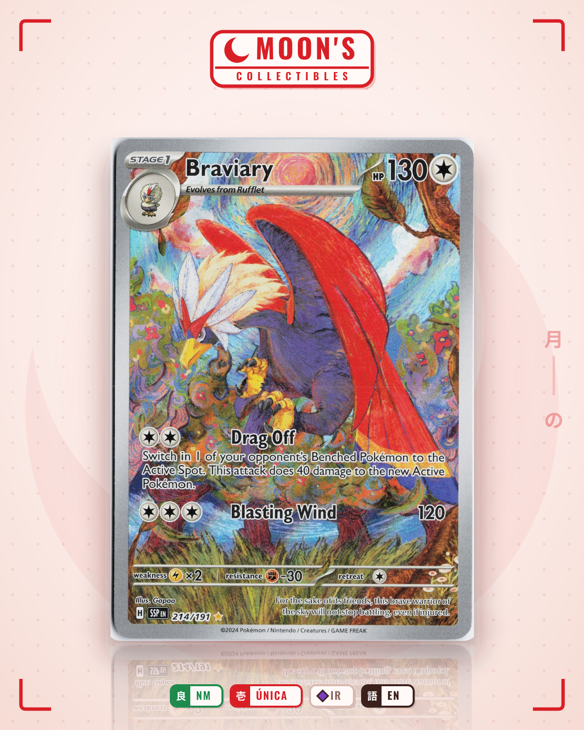 Carta Pokémon Braviary · Surging Sparks #214/191 (NM) — pieza única en Moon's Collectibles México