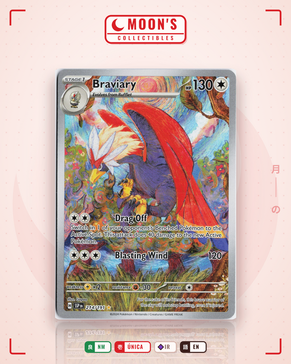 Carta Pokémon Braviary · Surging Sparks #214/191 (NM) — pieza única en Moon's Collectibles México
