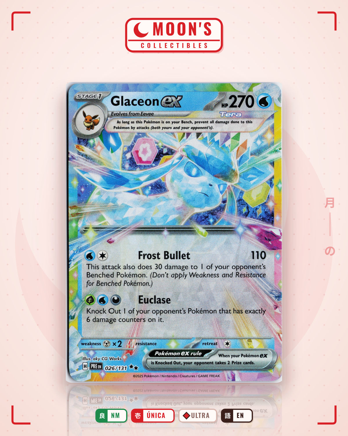 Carta Pokémon Glaceon ex · Prismatic Evolutions #026/131 (NM) — pieza única en Moon's Collectibles México