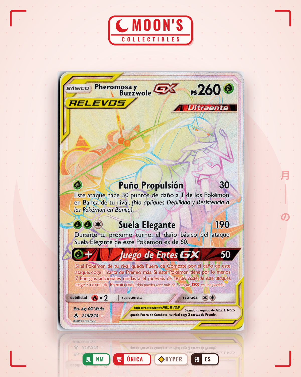 Carta Pokémon Pheromosa & Buzzwole-GX · Unbroken Bonds #215/214 (NM) — pieza única en Moon's Collectibles México