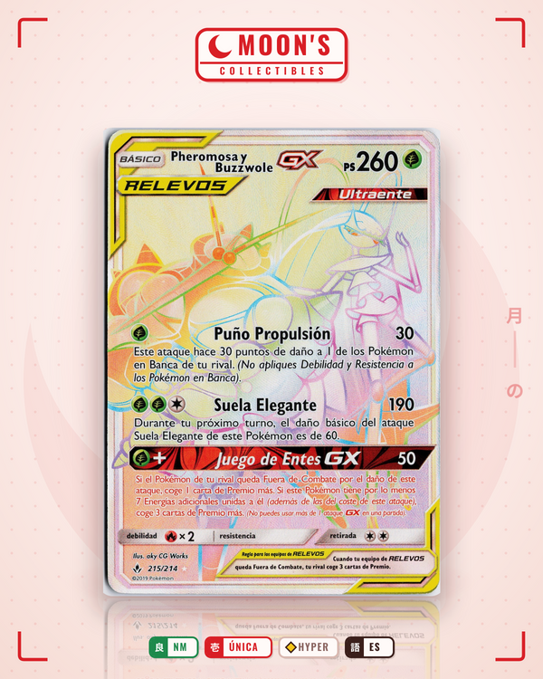 Carta Pokémon Pheromosa & Buzzwole-GX · Unbroken Bonds #215/214 (NM) — pieza única en Moon's Collectibles México