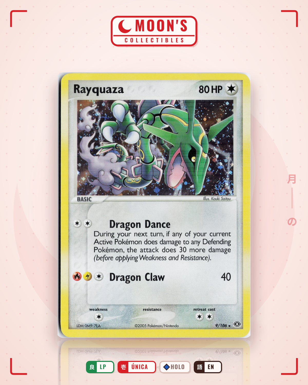 Carta Pokémon Rayquaza · Emerald #9/106 (LP) — pieza única en Moon's Collectibles México
